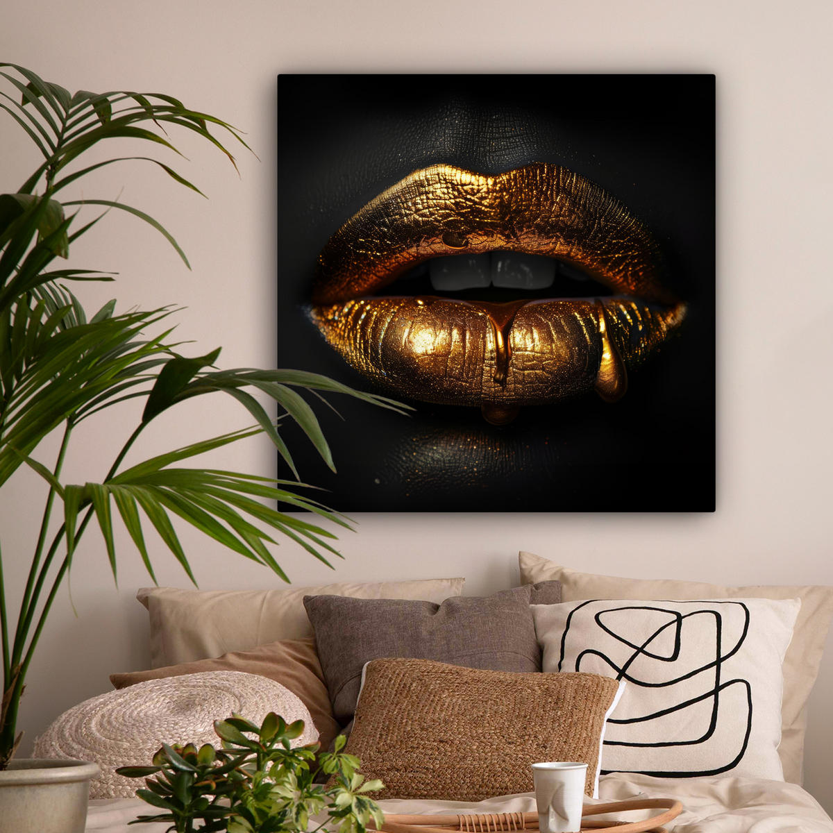 LEINWANDBILD Frau - Porträt - Lippen - Gold - Schwarz Deko Groß 90x90 cm - Schwarz, Textil (90/90cm) - MuchoWow
