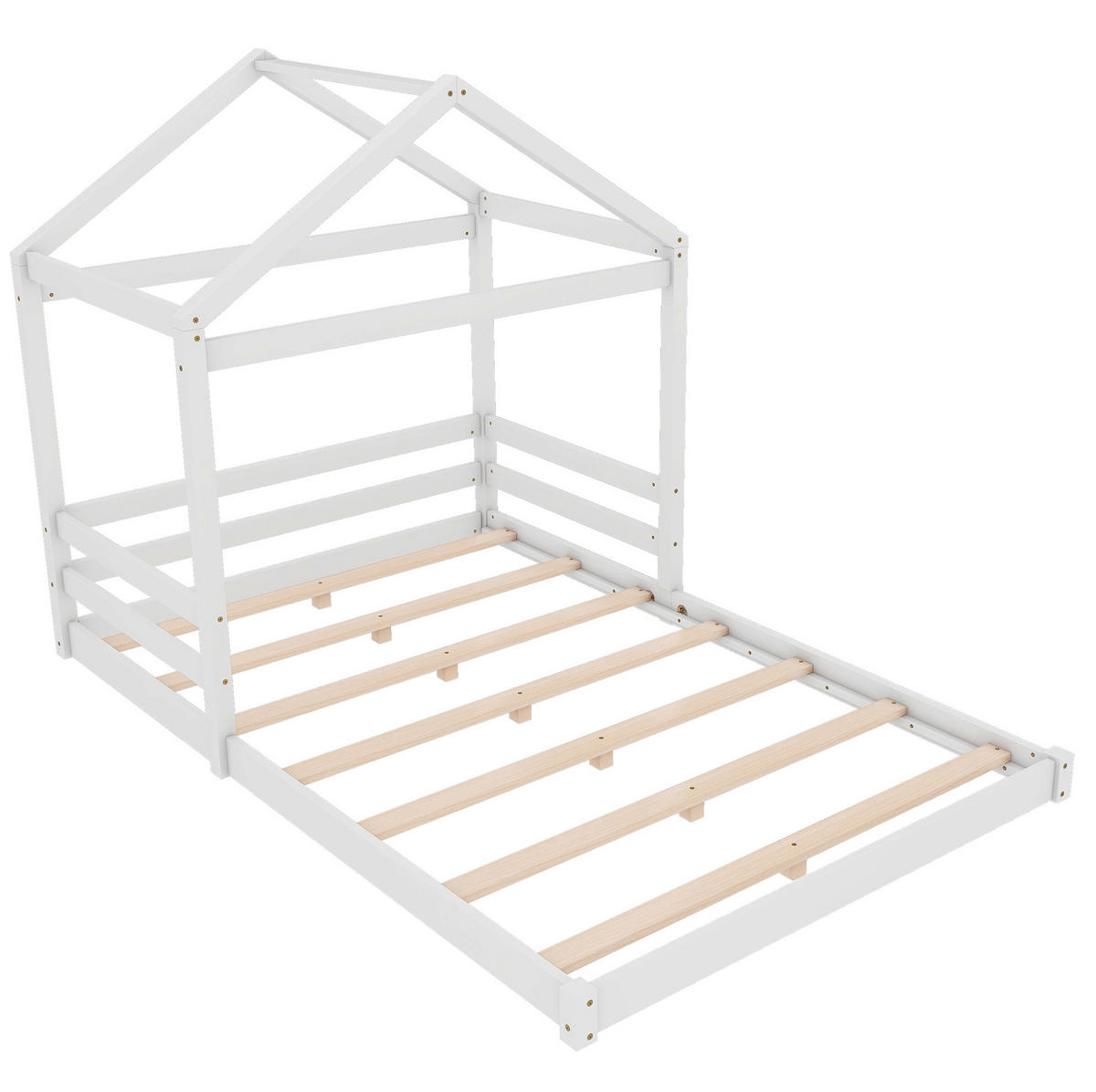 POSTELJA v obliki hiše 140/200 cm bela z letvenim dnom iz borovega lesa in MDF - bela, les (140/200cm) - OKWISH