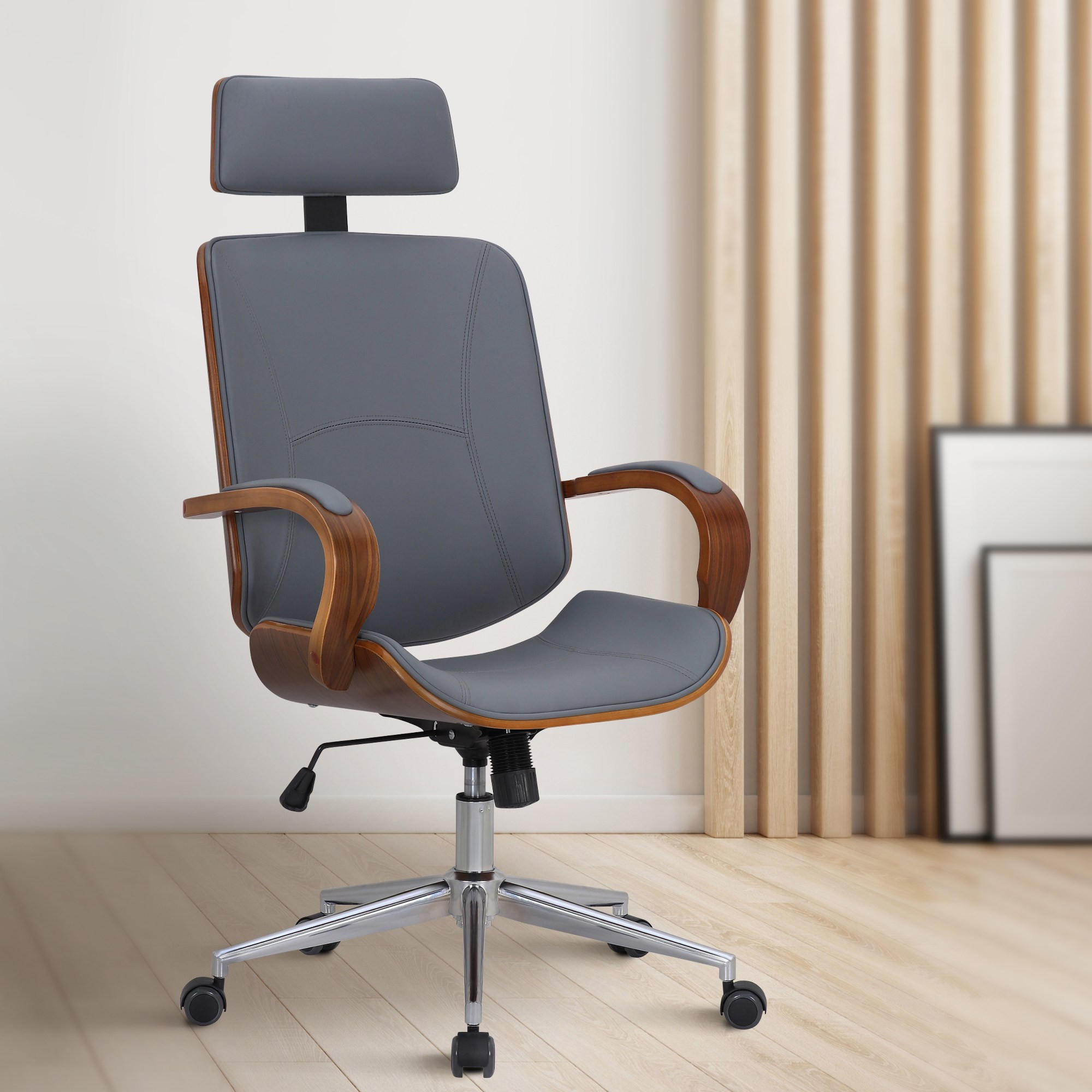 DREHSTUHL Lederlook Walnuss/Grau - Chromfarben/Walnussfarben, Textil/Metall (70/118/70cm) - CLP