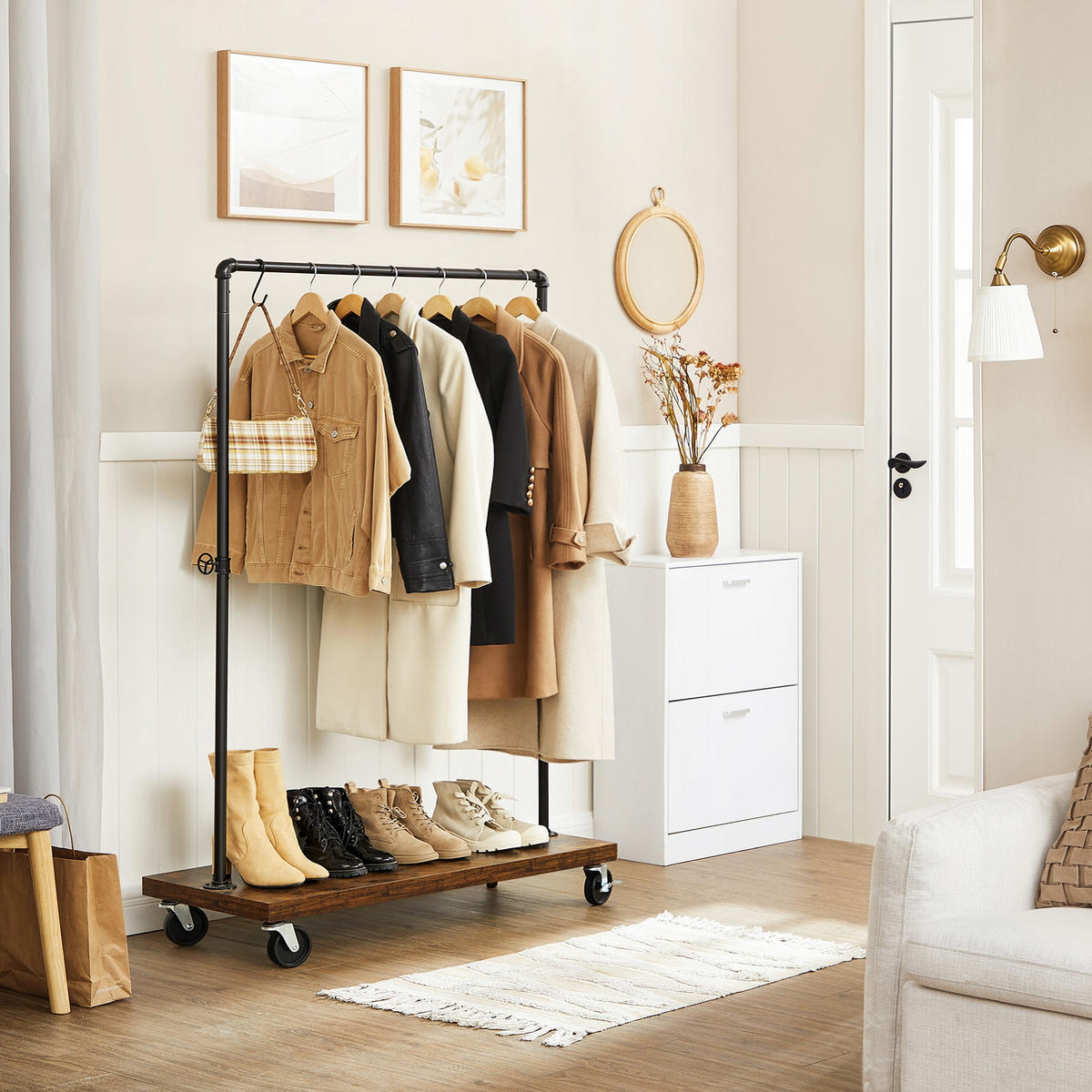 KLEIDERSTÄNDER Holzoptik Metall Dunkelbraun Schwarz auf Rollen 103,5x40x162 cm - Dunkelbraun/Schwarz, Holzwerkstoff/Metall (103/162.5/40cm) - Begryf