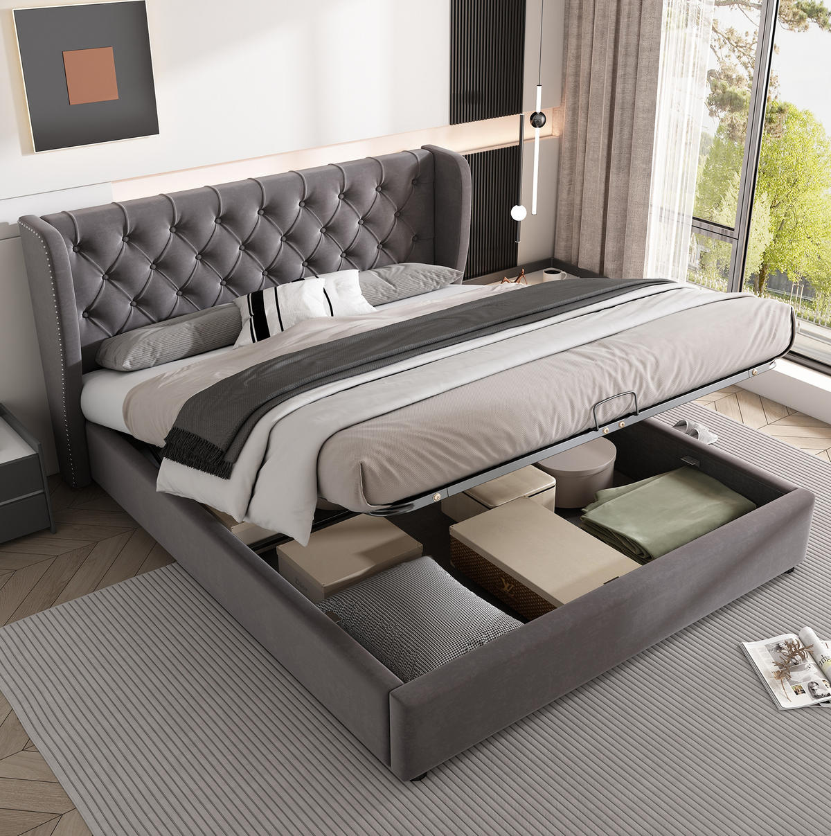 POLSTERBETT 140/200 cm grau aus Samt mit Bettkasten - Grau, Textil (140/200cm) - OKMYHOME