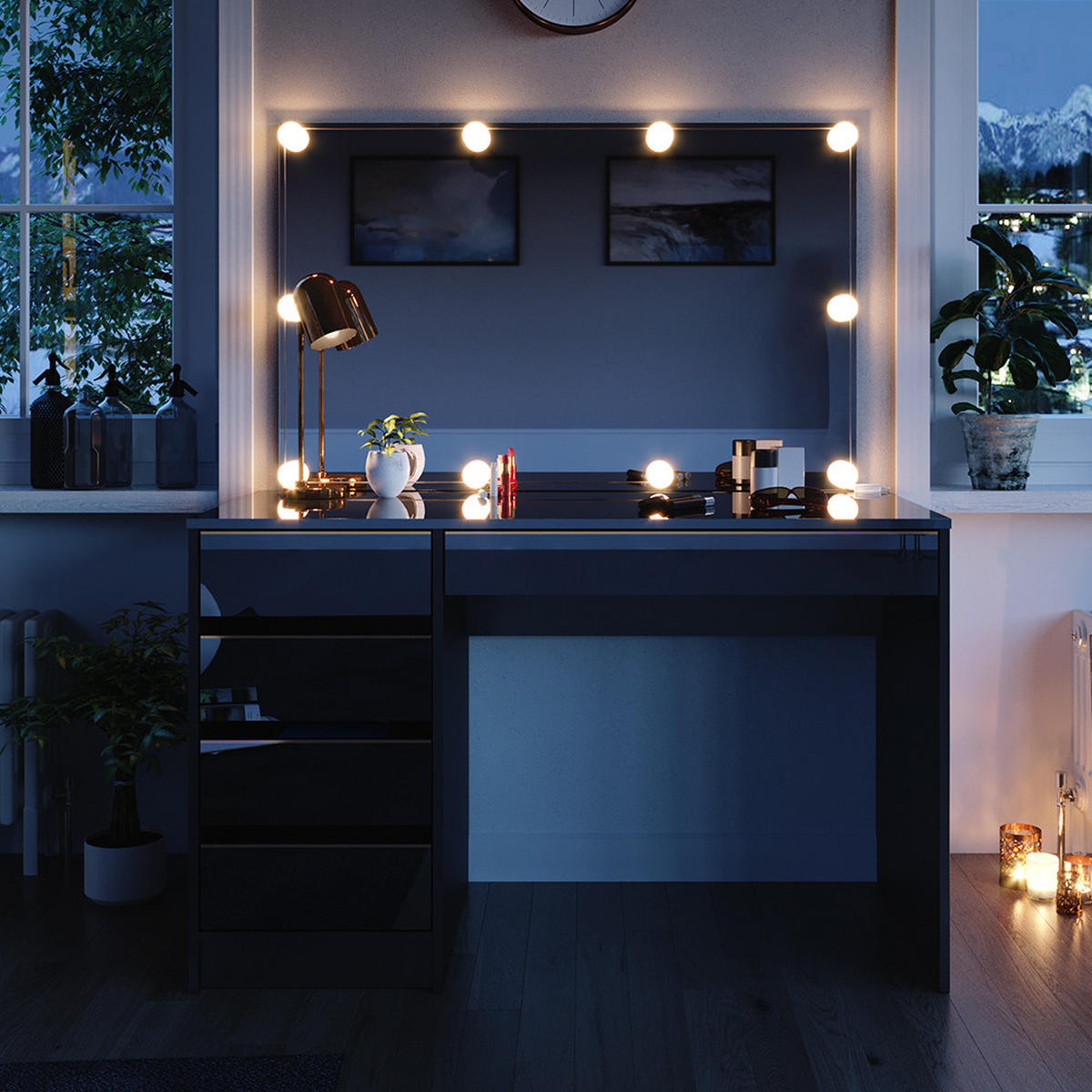 SCHMINKTISCH Sherry Schwarz/Gold 120 cm mit LED Beleuchtung - Goldfarben/Schwarz, Holzwerkstoff (120/75/55cm) - Vicco