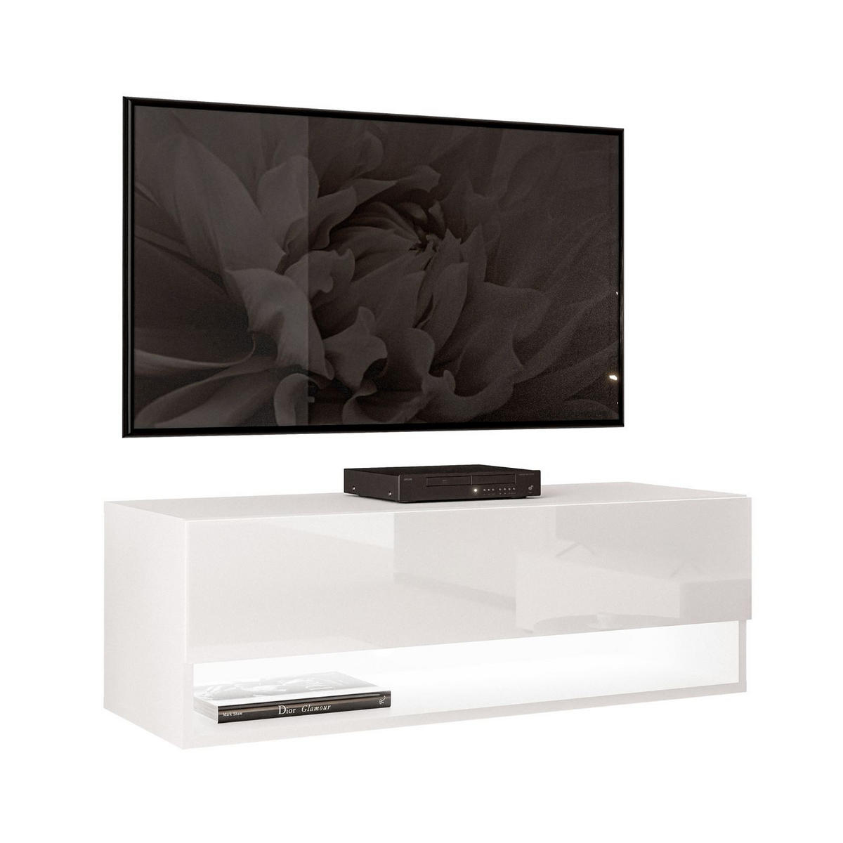 HÄNGESCHRANK TV-Möbel CALANTE 90 cm mit LED-Beleuchtung - Weiß Hochglanz, Holzwerkstoff (90/30/35cm) - Lookway