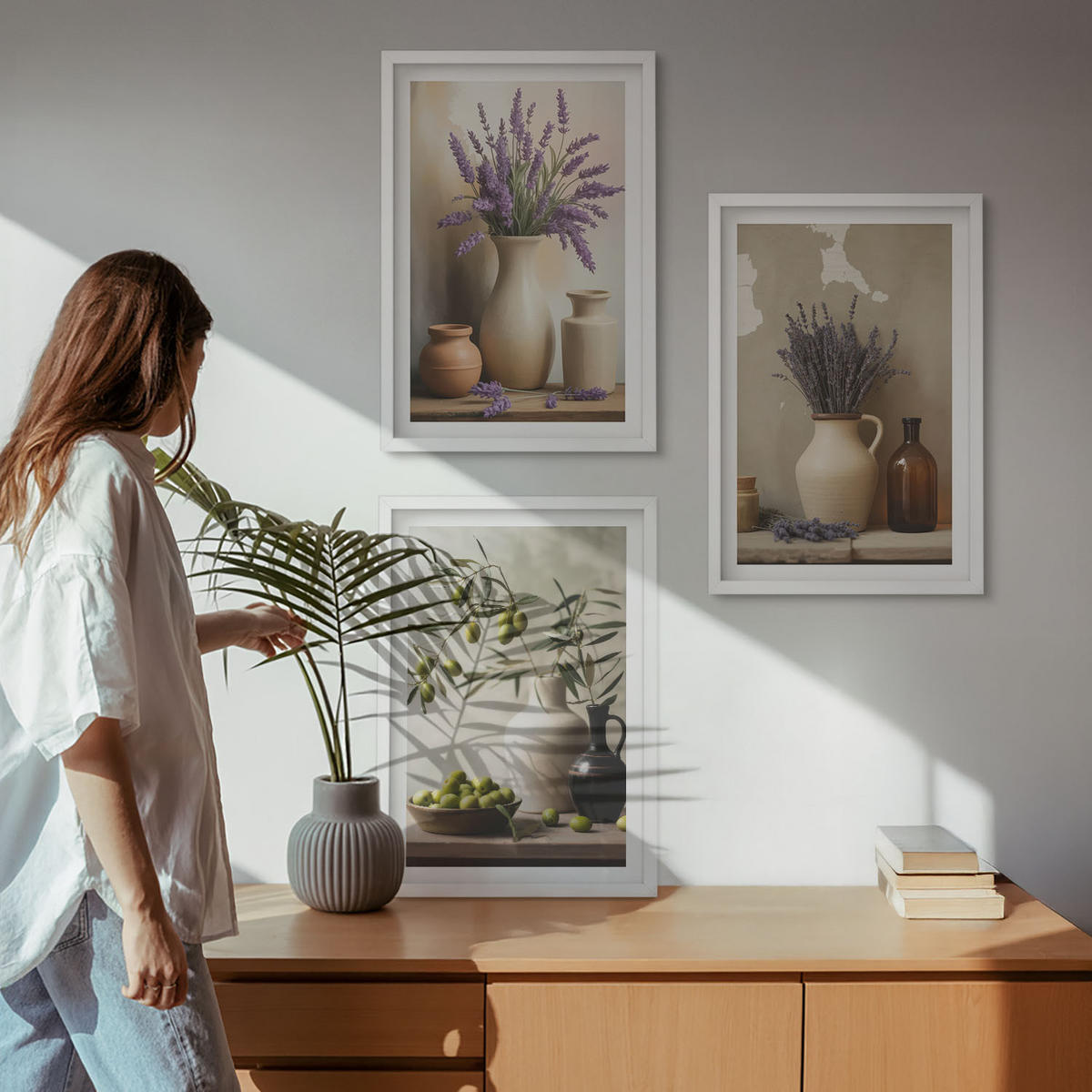 WANDBILDER 3er-Set - 40x60 cm Weißer Rahmen - Blumen in Vasen, Oliven, Dekorationen - Weiß, Kunststoff (40/60cm) - ArtPrintCave