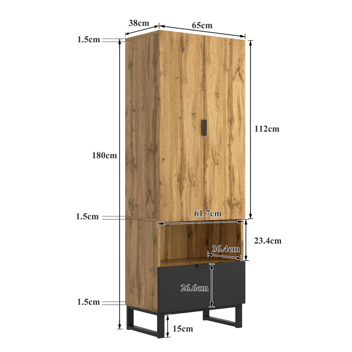 GARDEROBENSCHRANK 65/38/180 cm aus Spanplatte mit Kleiderstange und Schublade Natur/Schwarz - Naturfarben, Holzwerkstoff (38/65/180cm) - Modenvie
