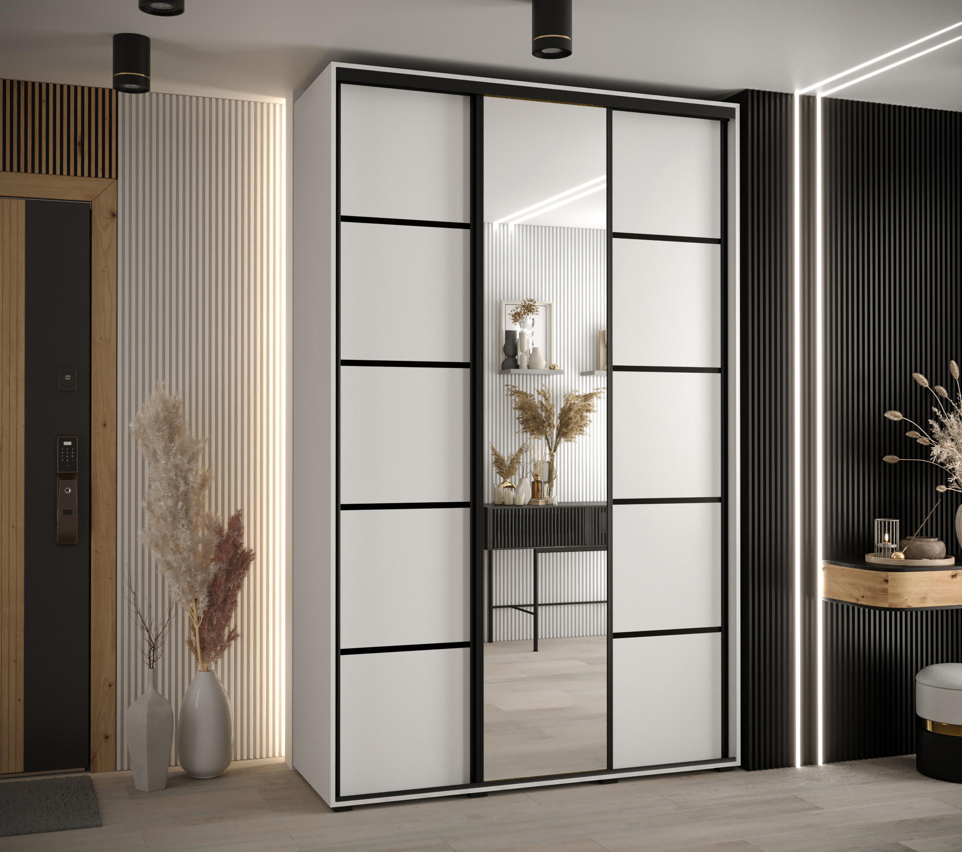 SCHWEBETÜRENSCHRANK 235,2/150/60 3-türig - Schwarz/Weiß, Holz/Metall (150/235/60cm) - Abiks Möbel