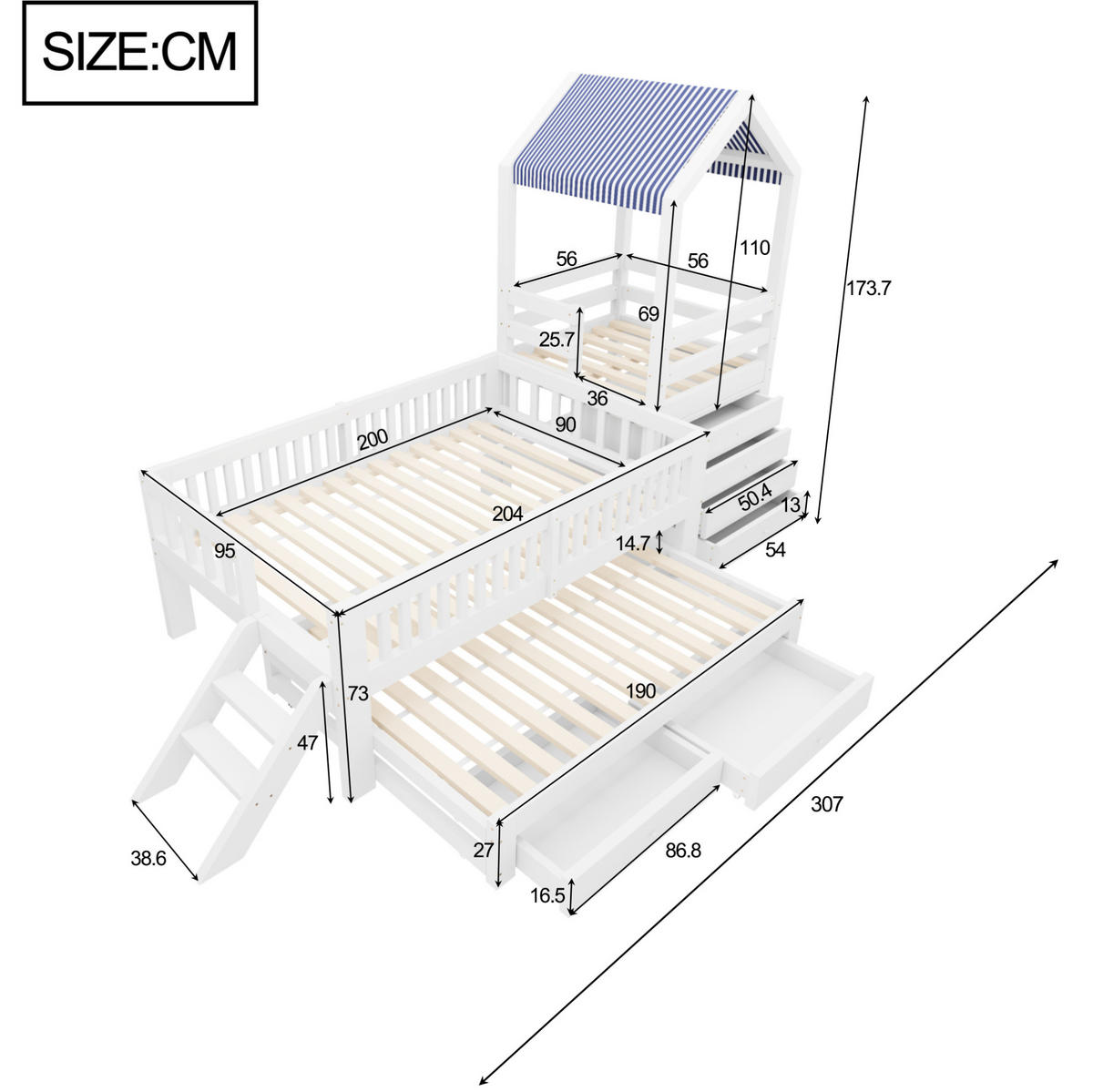 KINDERHAUSBETT 90x200 cm Weiß aus Massivholz mit Ausziehbett 90x190 cm, Treppe, Schubladen und Stoffdach - Weiß, Holz (90/200cm) - Modfu