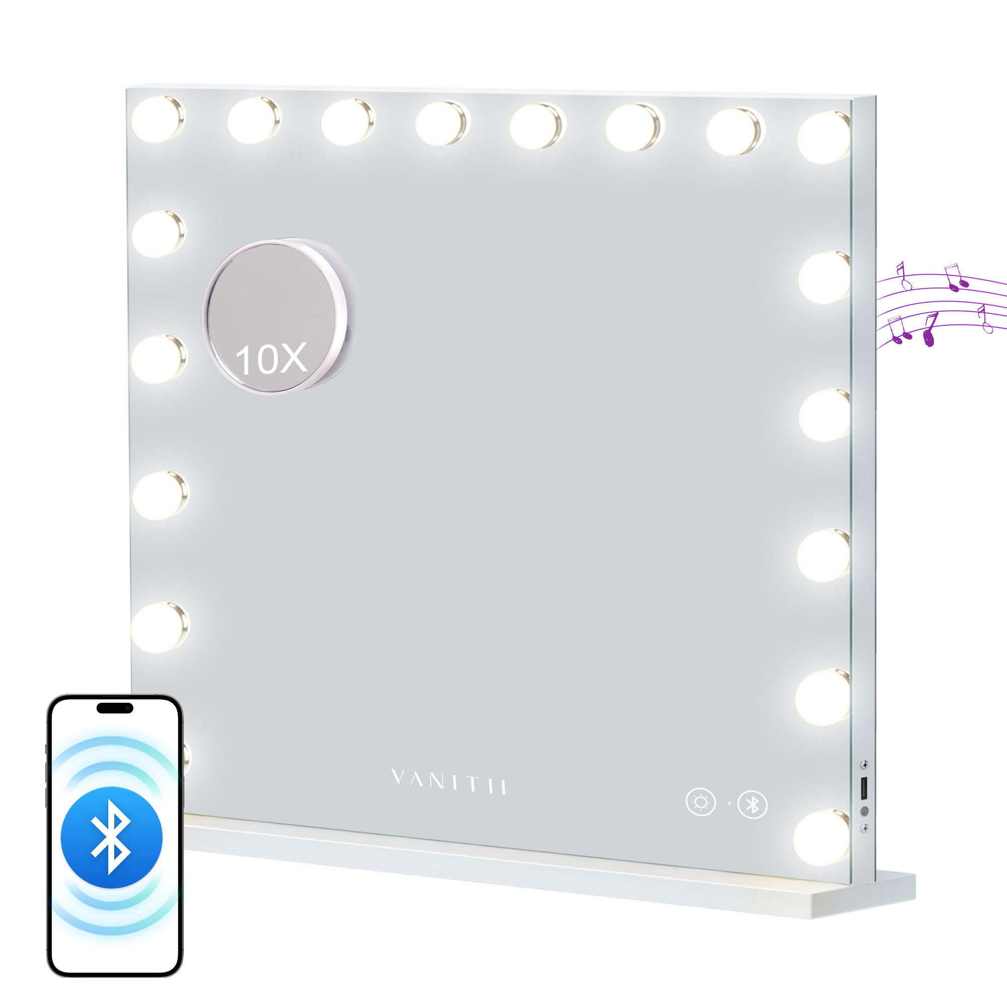 SCHMINKSPIEGEL mit LED-Beleuchtung und Bluetooth weiß 80/58 cm - Weiß, Metall (80/58/3cm) - VANITII