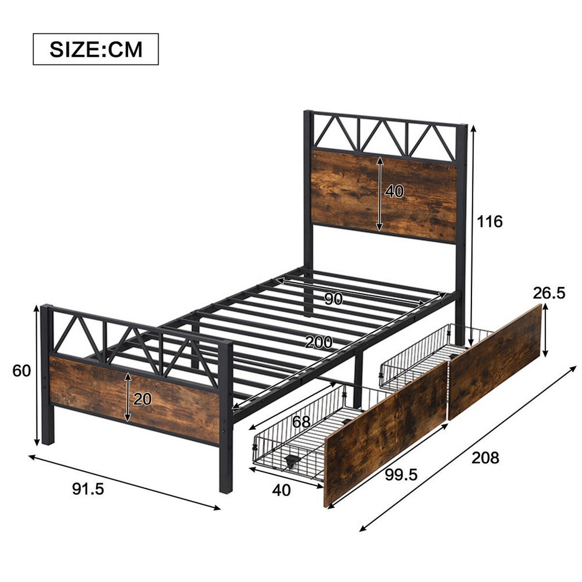 METALLBETT 90x200cm in Schwarz + Walnuss mit Zwei Schubladen - Walnussfarben, Metall (90/200cm) - KOMHTOM