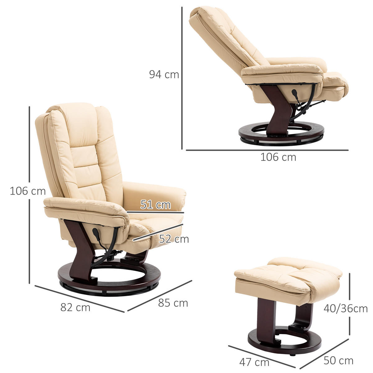 RELAXSESSEL DE-17417 135° neigbar, 360° drehbar mit Fußstütze Beige - Beige, Holz (82/106/85cm) - ComfortXL