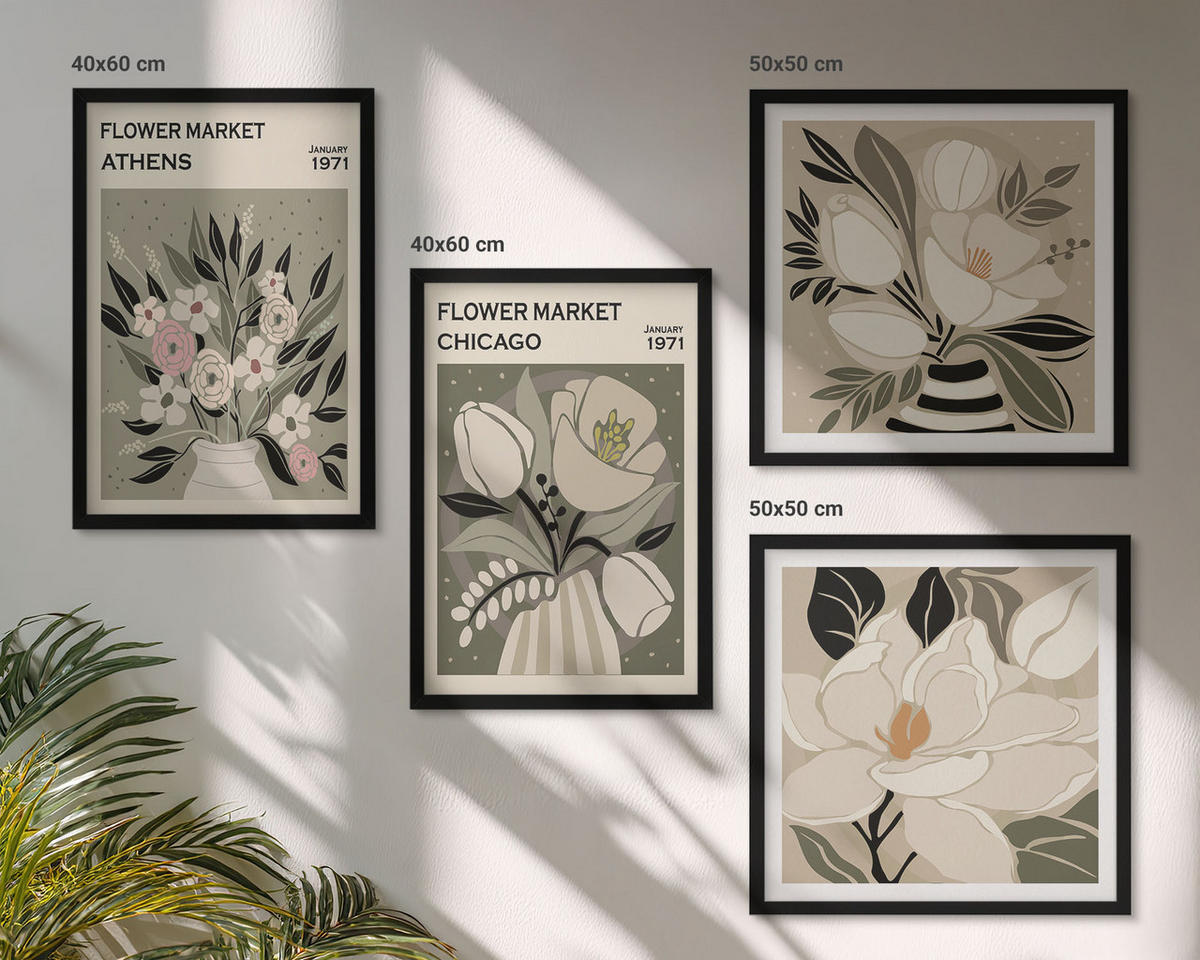 BILDER SET 4er Set - 50x50 cm & 40x60 cm Schwarzer Rahmen - Retro-Blumenmuster aus verschiedenen Städten - Schwarz, Kunststoff (50/50cm) - TULUP