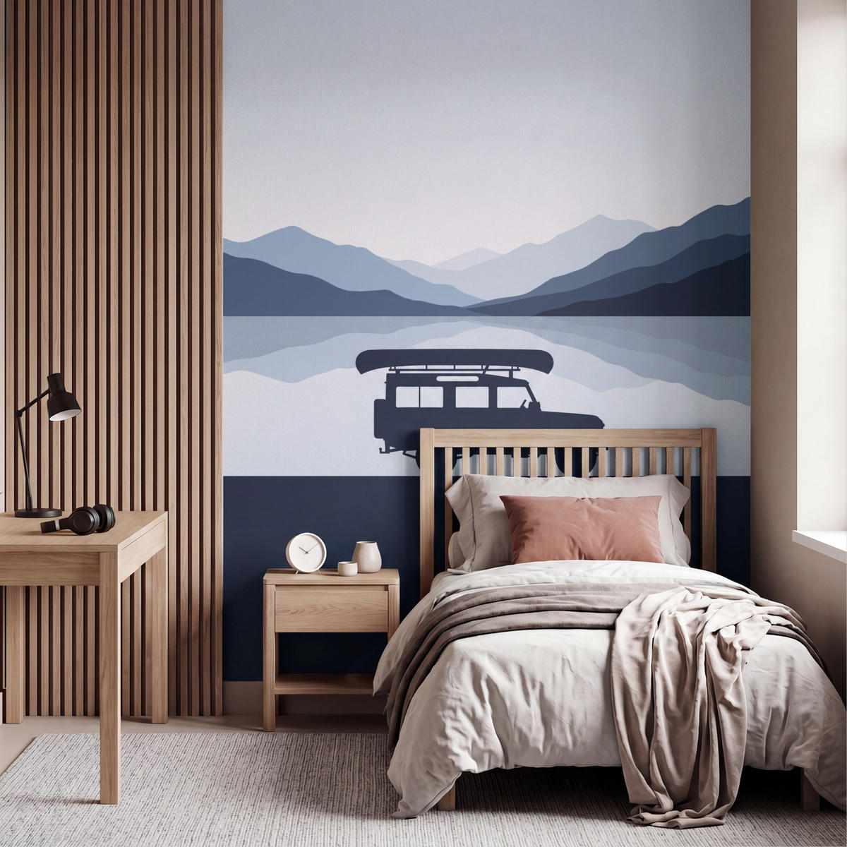 KINDERTAPETE - Auto - See - Berge - Blau - 160x200 cm - Blaugrau, Papier (160/200cm) - OnlyWow