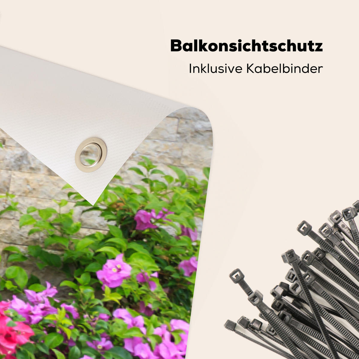 BALKON-SICHTSCHUTZ Blumen - Pflanzen - Blätter - Steine - Pink, Kunststoff (300/90cm) - MuchoWow