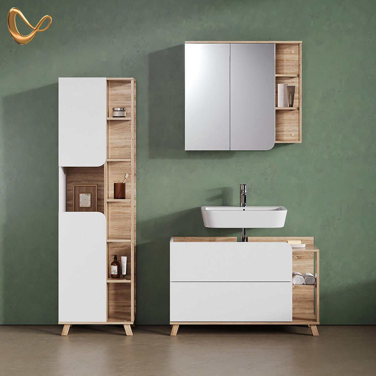 VANITY ENOTA ZA UMIVALNIK Marano, Sonoma/Bela, 100 x 65 cm z 2 predaloma - bela/hrast sonoma, leseni material (100/65/35cm) - Livinity®