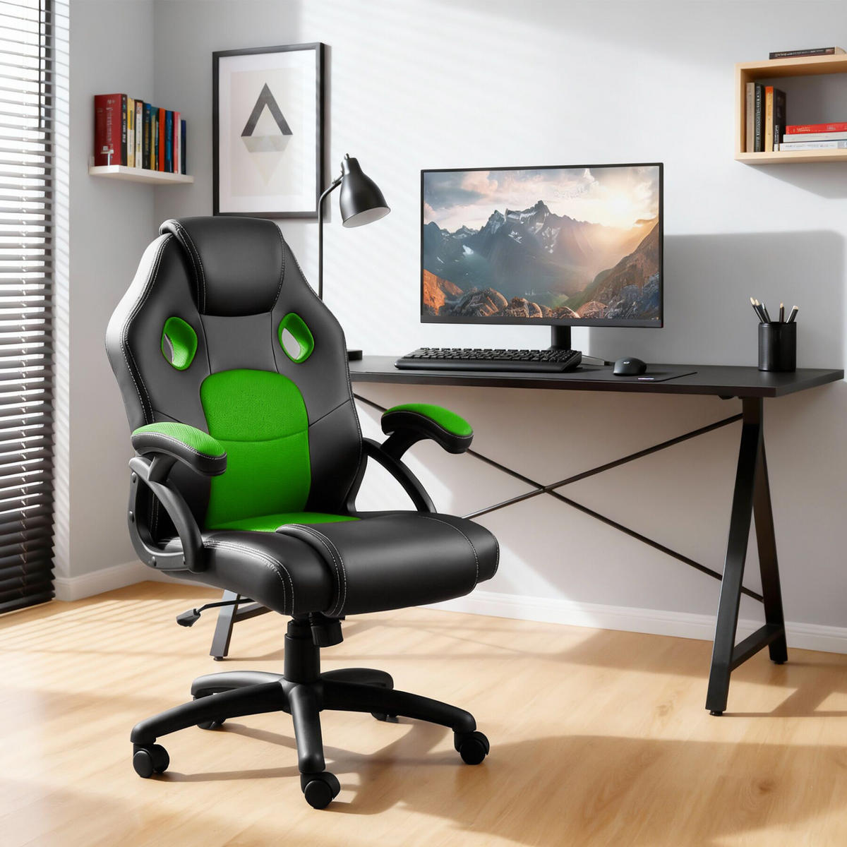 BÜROSTUHL Mike,stufenlos höhenverstellbar,schwarz/grün - Schwarz/Grün, Leder (68/114.5/69cm) - tectake