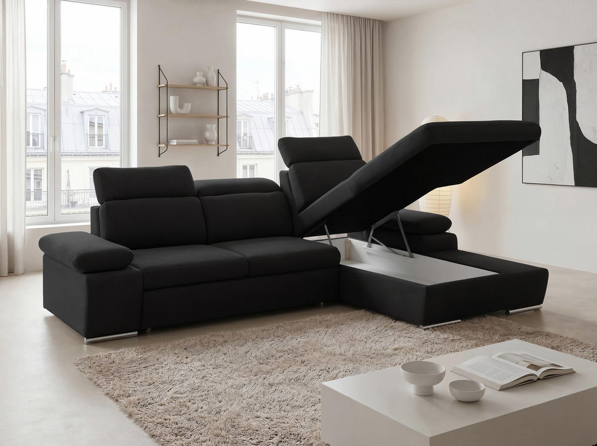 ECKSOFA PABLO mit Schlaffunktion und Bettkasten Schwarz - Schwarz, Holzwerkstoff/Kunststoff (250/90cm) - Idohome