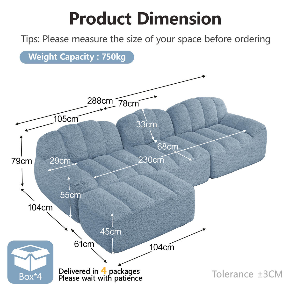 ECKSOFA Granulierter Fleece Blau mit Ottomane - Blau, Textil (288/165cm) - WISHDOR