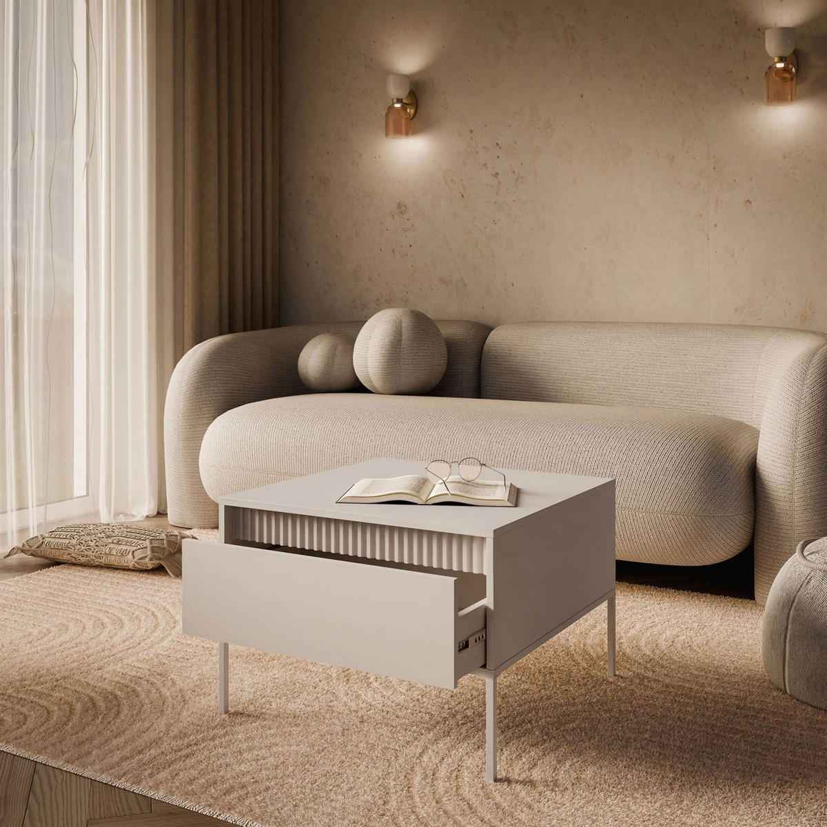 COUCHTISCH YASUMI mit Schublade beige - Beige, Holzwerkstoff (68/68/48.4cm) - Lookway