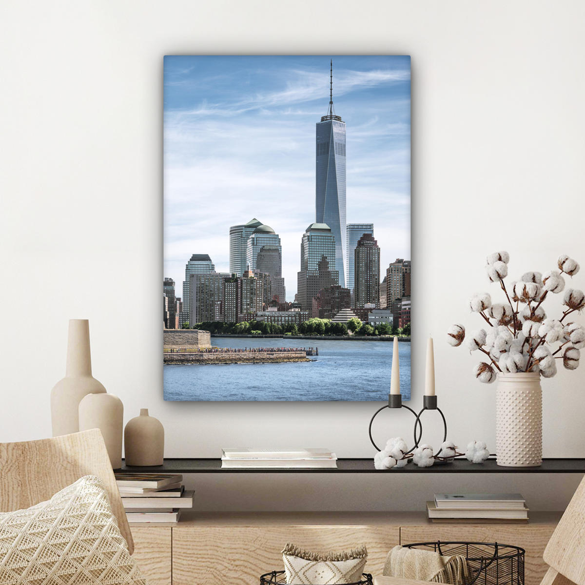 LEINWANDBILD New York - Freiheitsstatue - Wasser Wandbild Wohnzimmer 60x80 cm - Hellblau, Textil (60/80cm) - MuchoWow