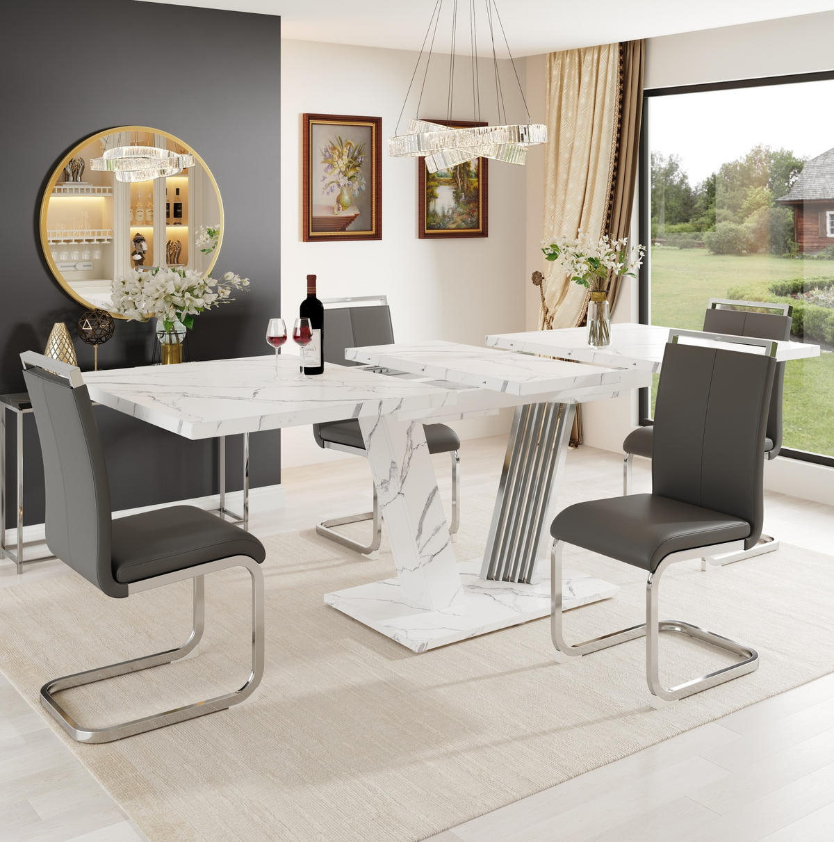 ESSTISCH 120/160/80/76 cm in Weiß mit Marmoroptik und Ausziehfunktion - Weiß, Holzwerkstoff (120/80/76cm) - Flora Grace