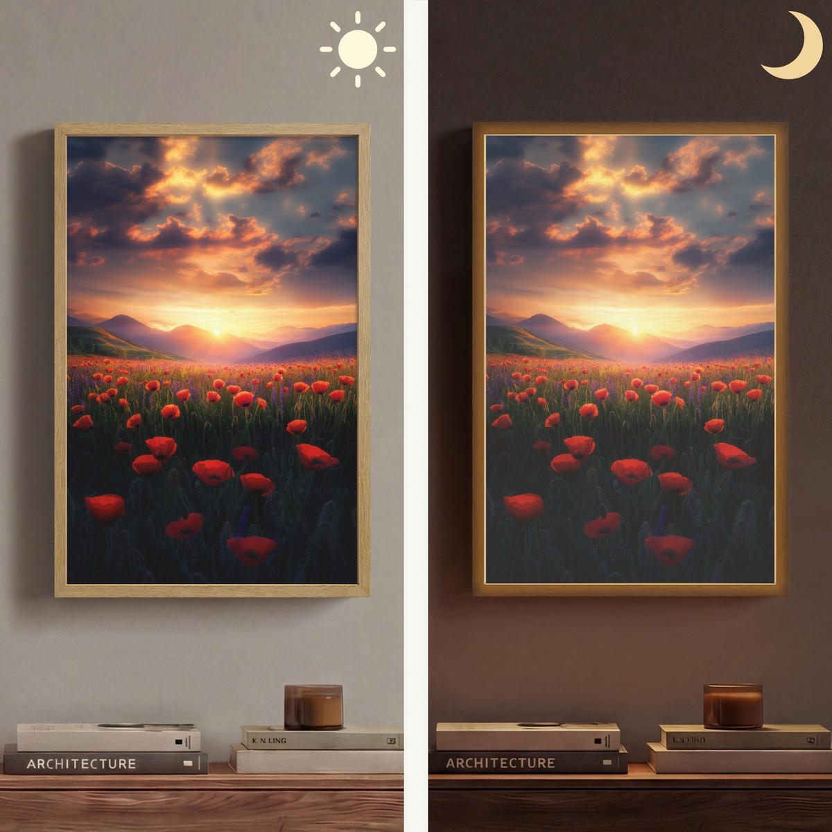 WANDLEUCHTE MIT AKKU Landschaft - Sonnenuntergang - Blumenfeld 40x60 cm - Rot, Holzwerkstoff (40/60/8cm) - OnlyWow