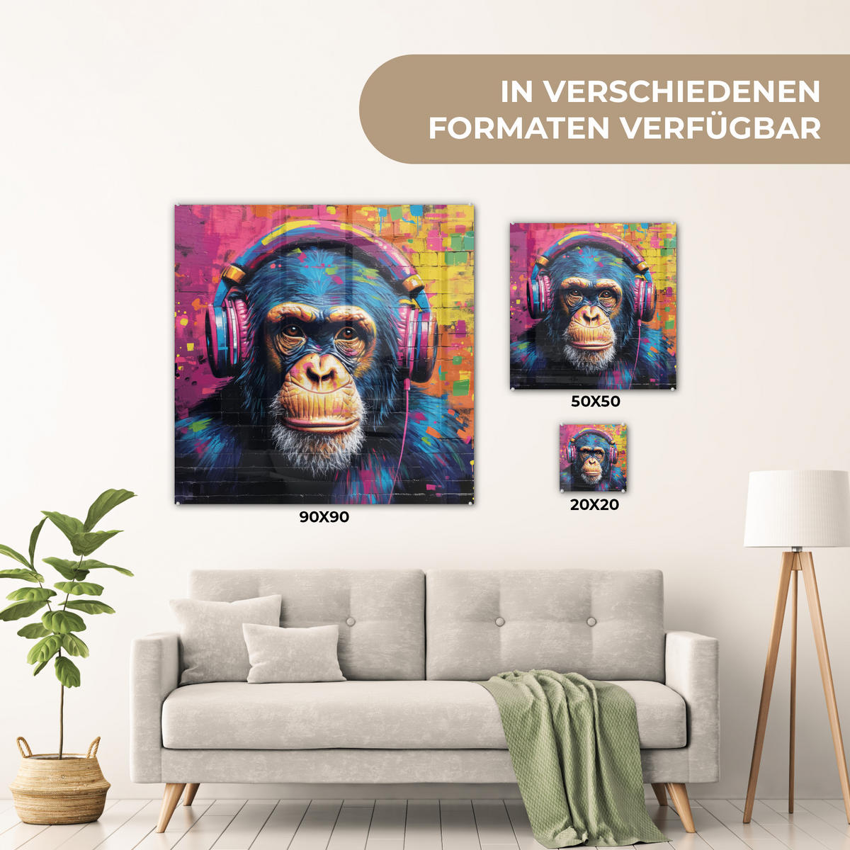 ACRYLGLASBILD Graffiti - Schimpanse - Straßenkunst - Kopfhörer - Affe 50x50 cm - Blau, Glas (50/50cm) - MuchoWow