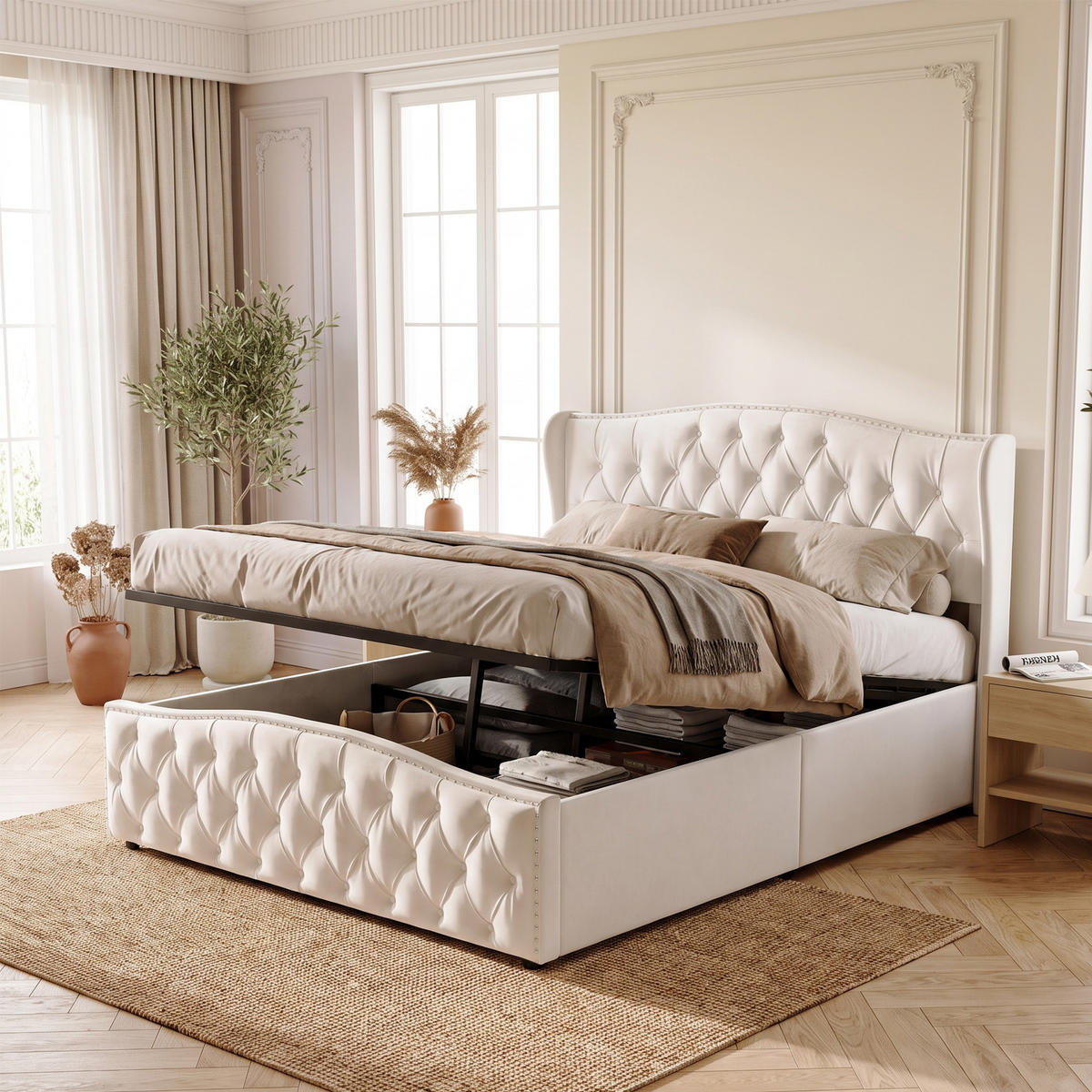 POLSTERBETT 160x200 cm mit Bettkasten, Doppelbett mit Kopfteil, Lattenrost und Stauraum, Samt Beige - Beige, Holz/Textil (160/200cm) - GENKI LIVING