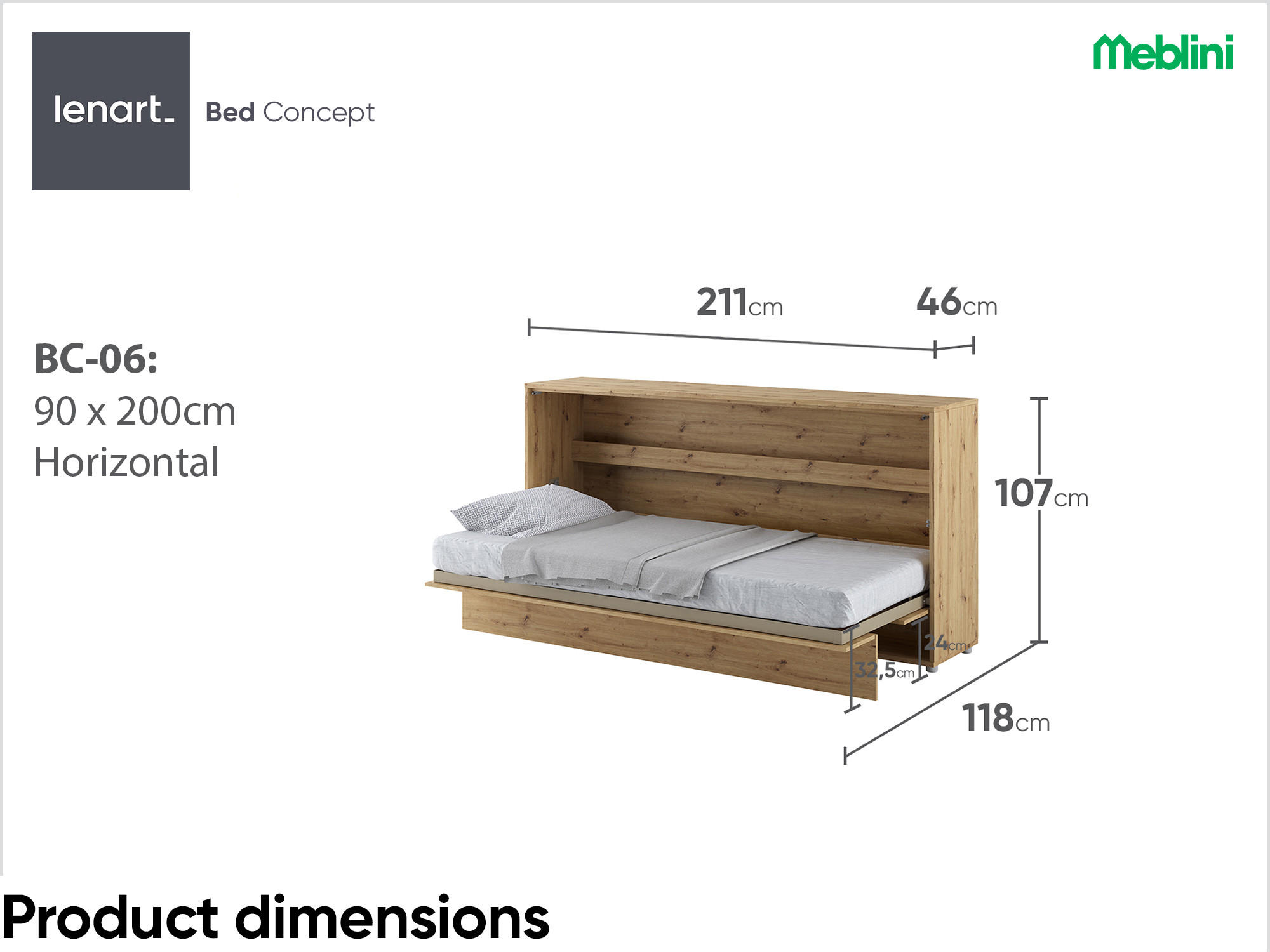 SCHRANKBETT BC-06 - 90x200cm Horizontal - Artisan Eiche - Eiche Artisan, Holzwerkstoff (200/90cm) - Meblini
