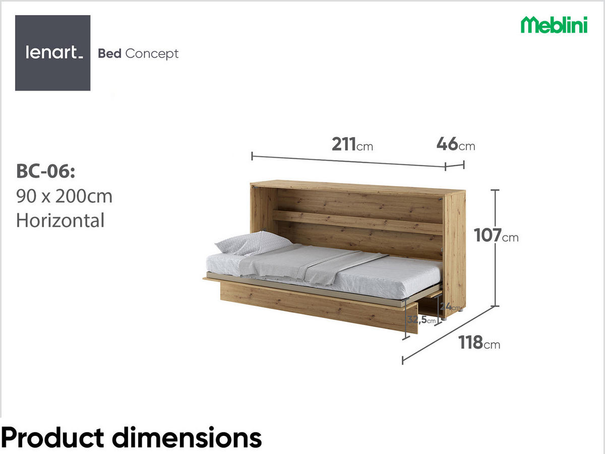 SCHRANKBETT BC-06 - 90x200cm Horizontal - Artisan Eiche - Eiche Artisan, Holzwerkstoff (200/90cm) - Meblini