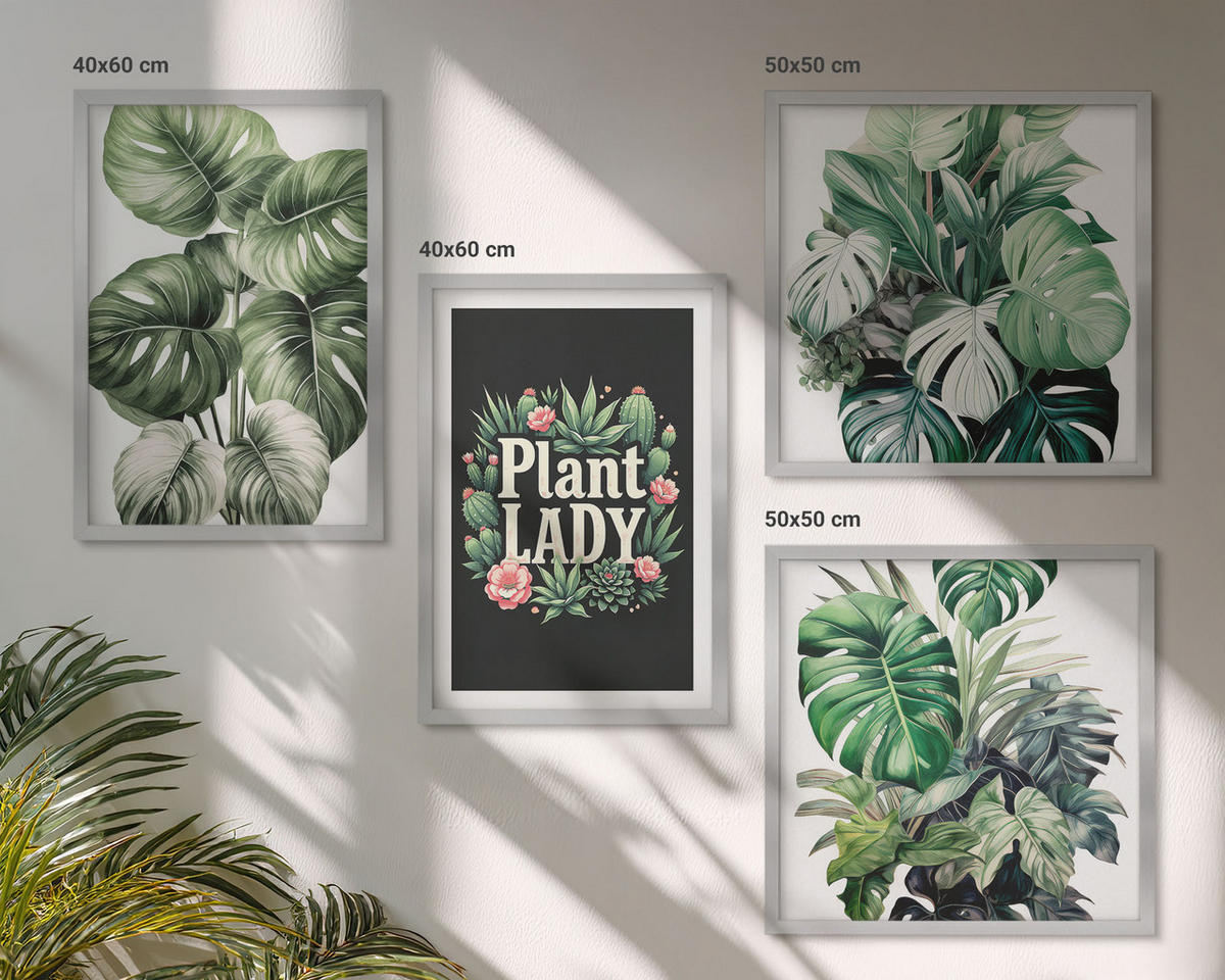 BILDER SET 4er Set - 50x50 cm & 40x60 cm Silberner Rahmen - Tropische Pflanzen, Pflanzenliebhaberin - Silberfarben, Kunststoff (50/50cm) - TULUP