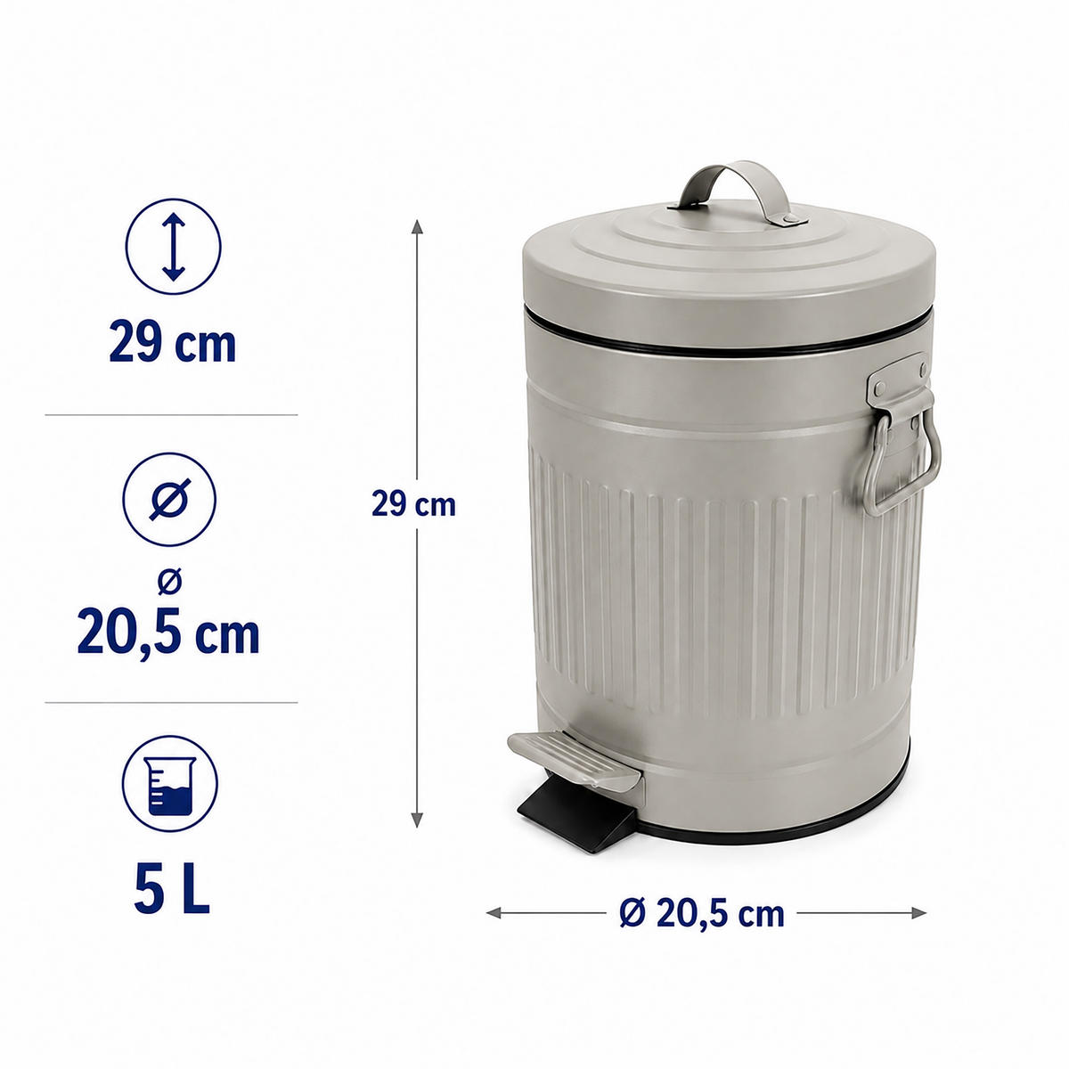 COȘ Gri 5 l cu pedală închidere silențioasă - gri, material plastic/metal (20.5/29/20.5cm) - Relaxdays