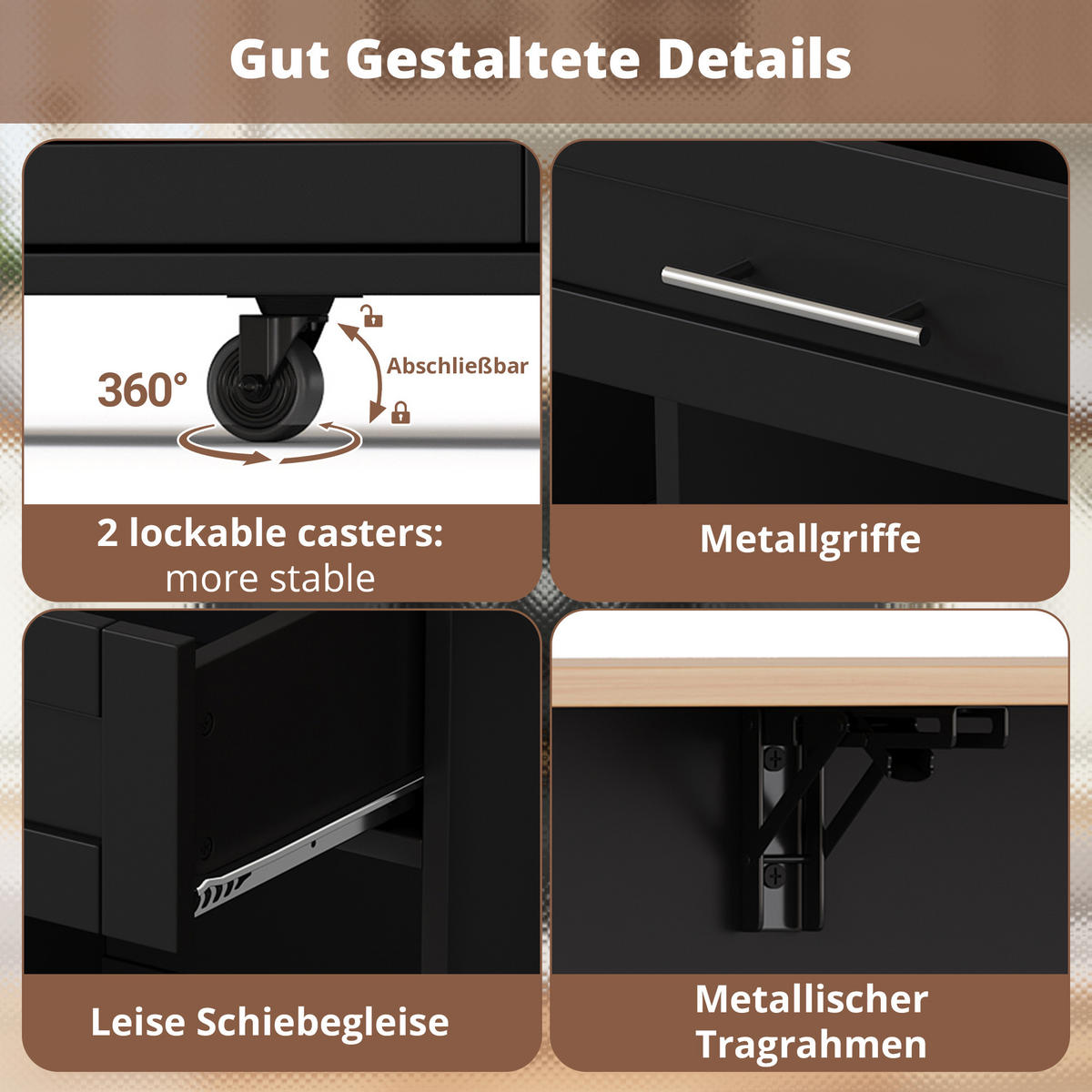 KÜCHENINSEL Schwarz aus MDF mit ausziehbarer Arbeitsplatte 138 × 70 × 92 cm - Schwarz, Holzwerkstoff (138/92/70cm) - Luhomfu