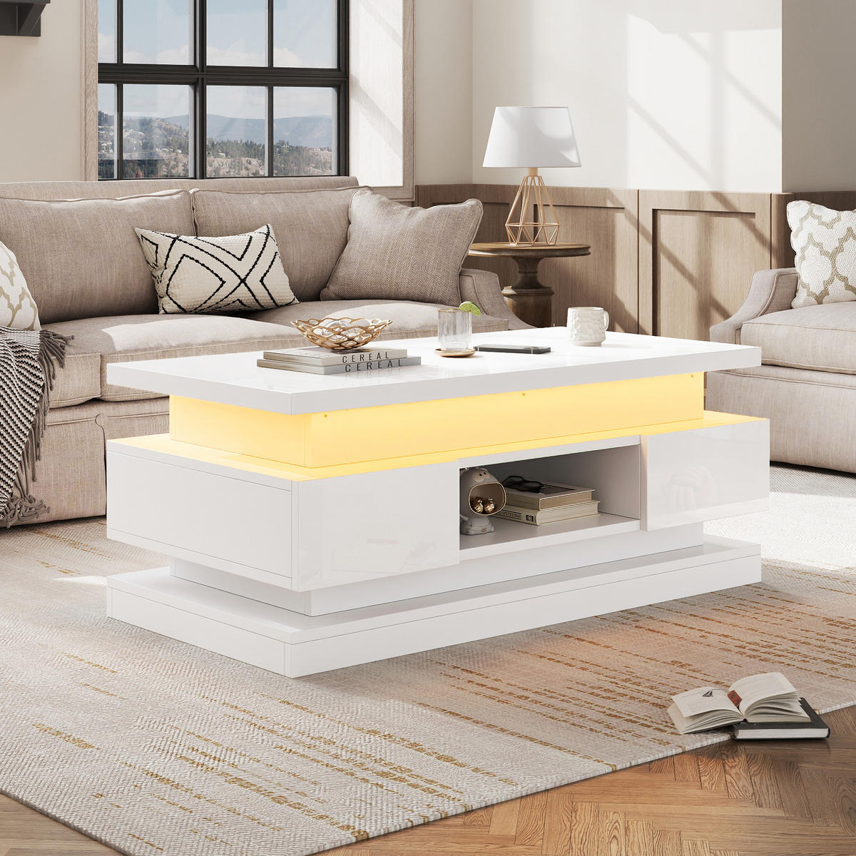 KONFERENČNÍ STŮL bílý, 2 zásuvky, LED osvětlení, do obývacího pokoje, 100×50×40 cm - bílá, kompozitní dřevo (50/100/40cm) - STILVORA