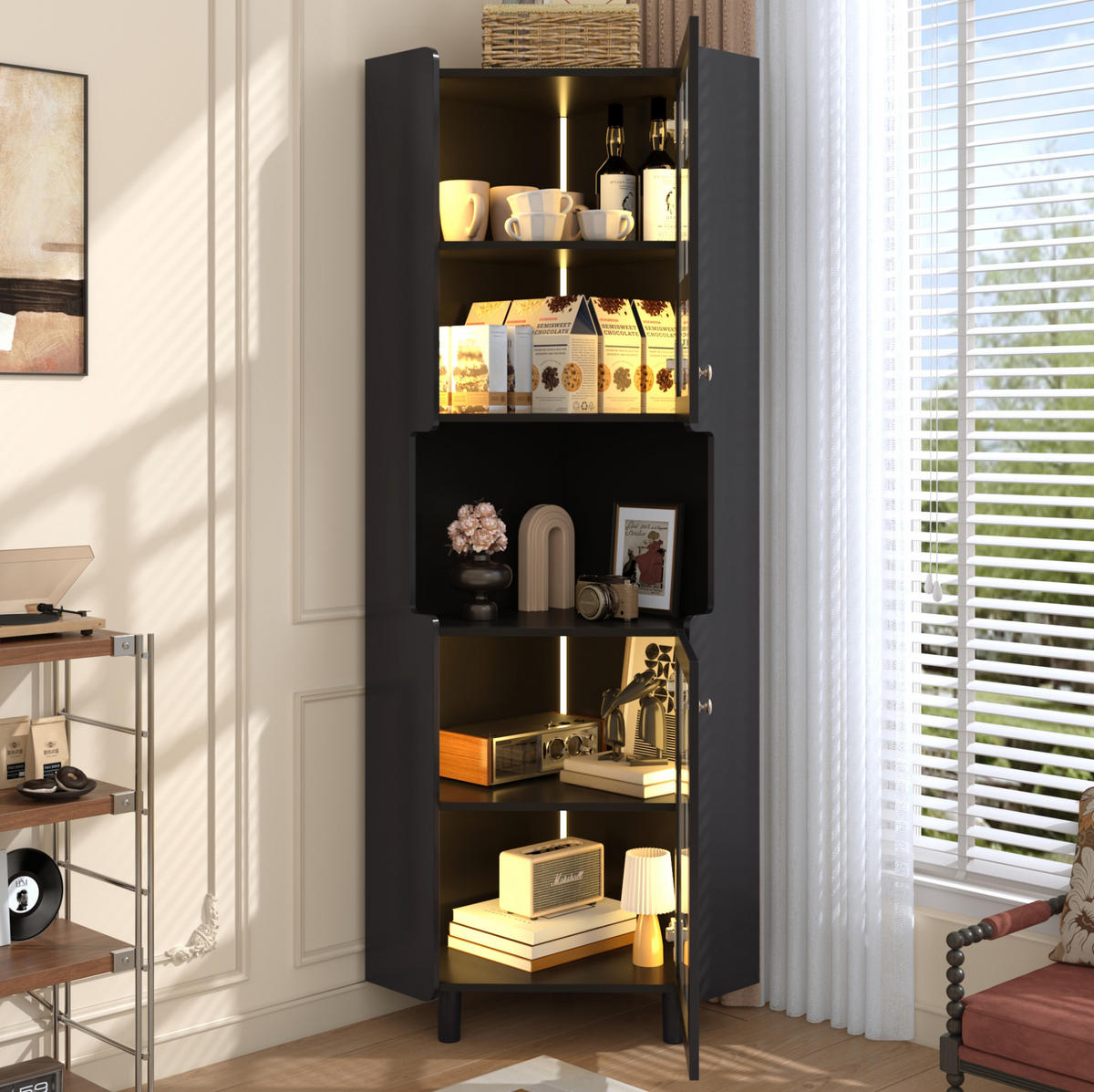 HOCHSCHRANK 63,5/157,5 cm aus MDF mit App-gesteuerter LED-Beleuchtung Schwarz - Schwarz, Holzwerkstoff (63.5/157.5/17cm) - Modenvie