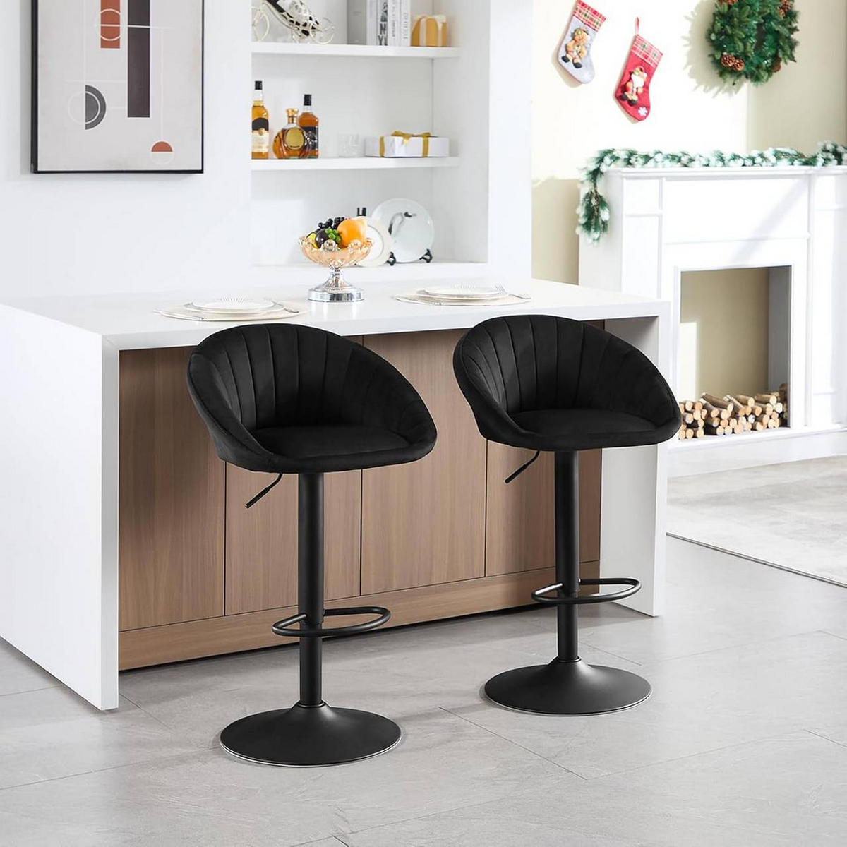 BARHOCKER 4er Set mit Rückenlehne, Samt, Schwarz - Schwarz, Textil/Metall (53/83/45cm) - Woltu