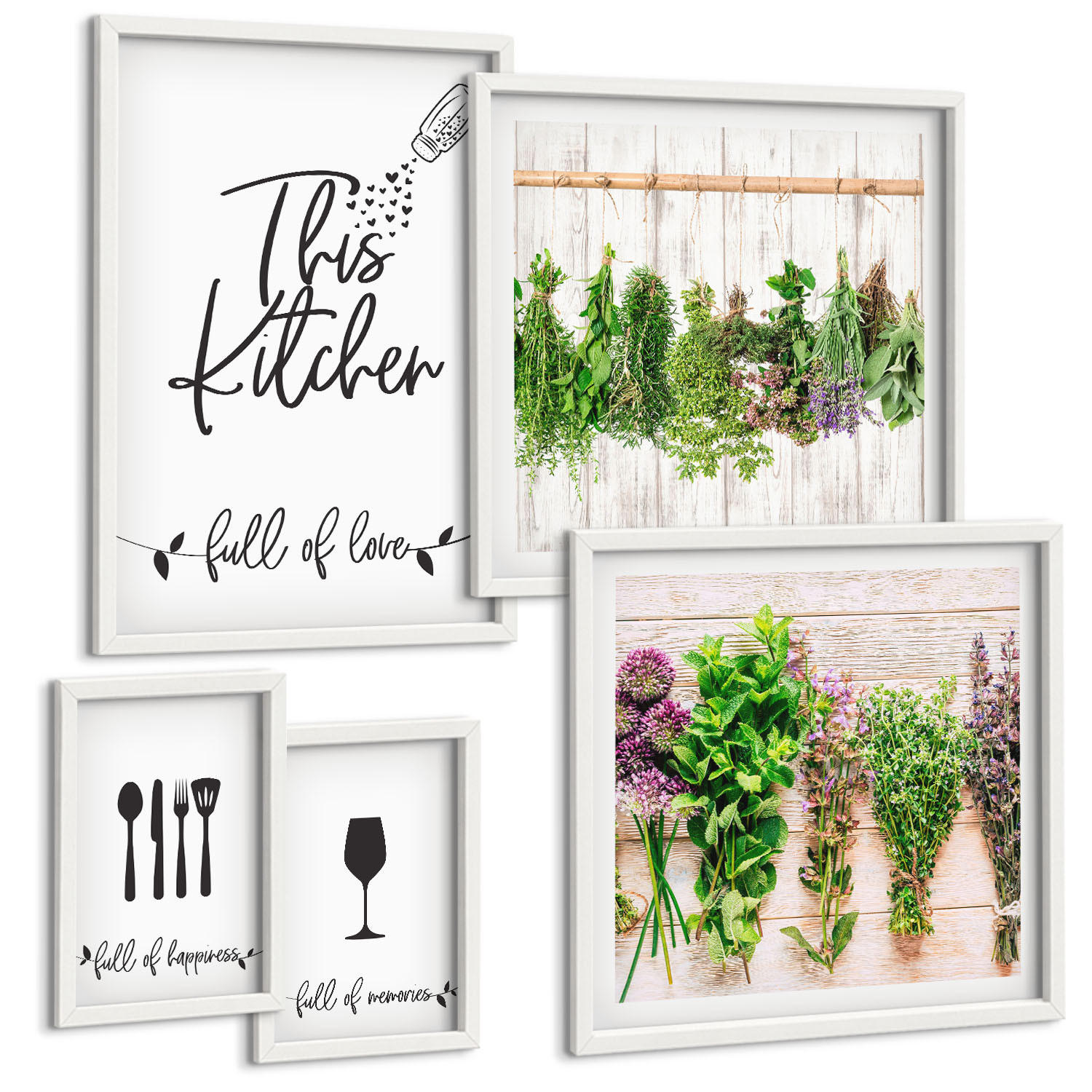 BILDER SET 5er Set - 50x50 cm & 20x30 cm & 40x60 cm Weißer Rahmen - Tisch aus Zitronenbaum - Weiß, Kunststoff (40/60cm) - TULUP