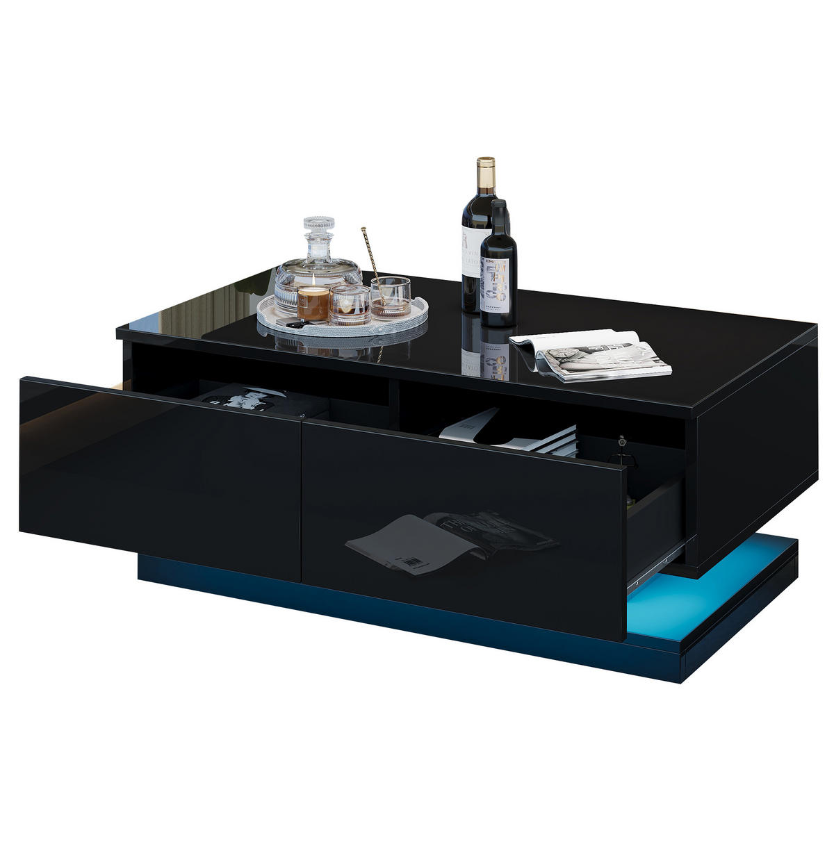 COUCHTISCH 90/50/38 cm mit 2 Schubladen, LED-Beleuchtung per App und Hochglanzfront, Schwarz - Schwarz, Holzwerkstoff (90/50/38cm) - Redom