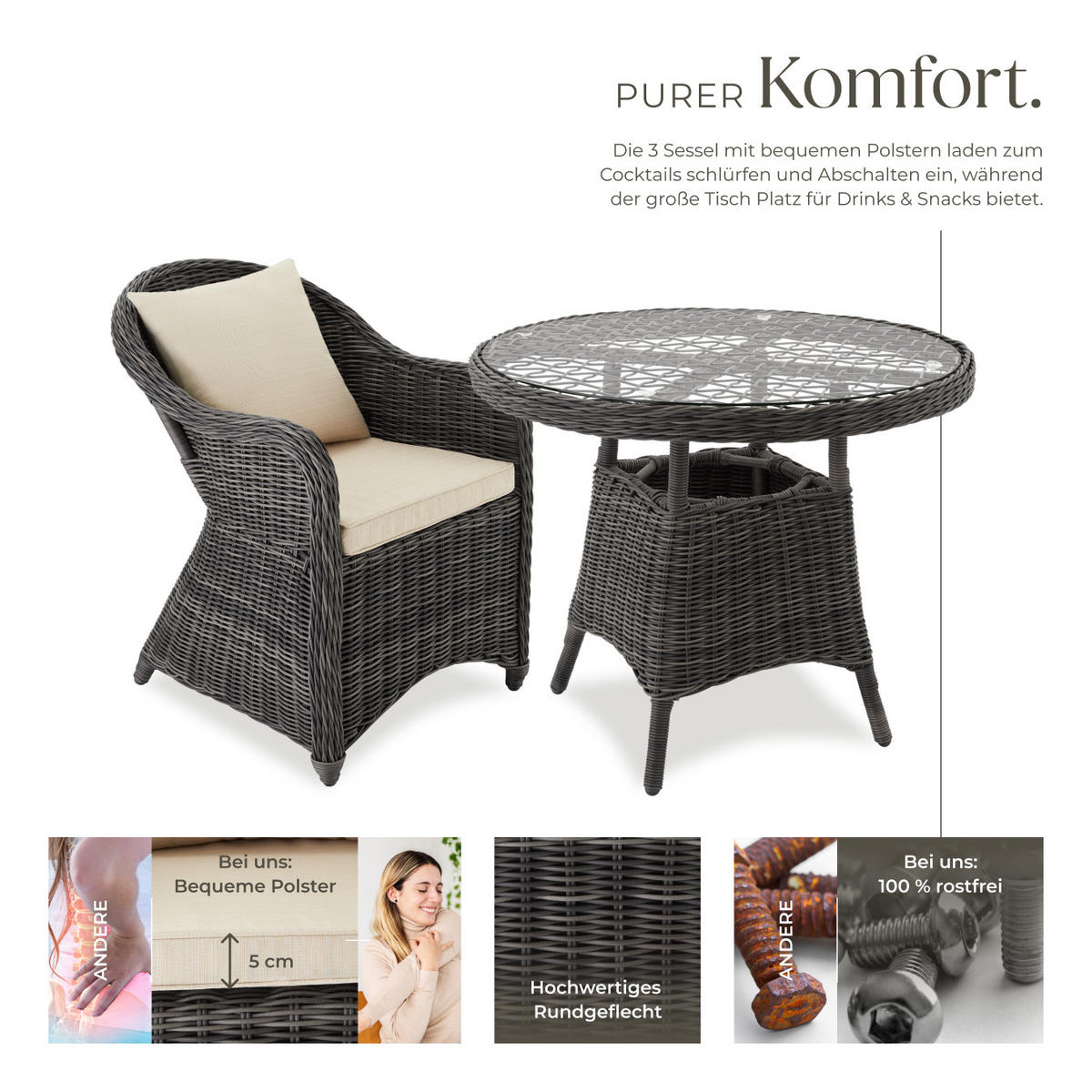 RATTAN SITZGRUPPE Zürich,Stühle vormontiert,grau - Grau, Kunststoff - tectake