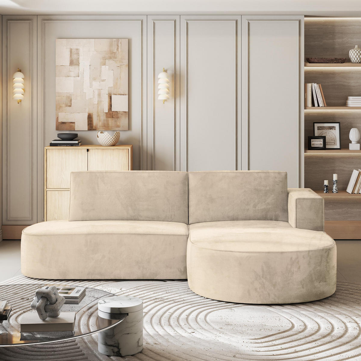 ROHOVÁ SEDAČKA CORTIO krémová - šedá/krémová, dřevo/textil (265/174cm) - MASSENO