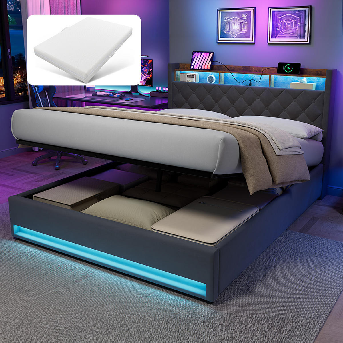 POLSTERBETT 160/200 cm mit Matratze und Bettkasten Boxspringbett mit Steckdose und LED-Licht, in Grau - Grau, Holzwerkstoff/Textil (160/200cm) - STILVORA