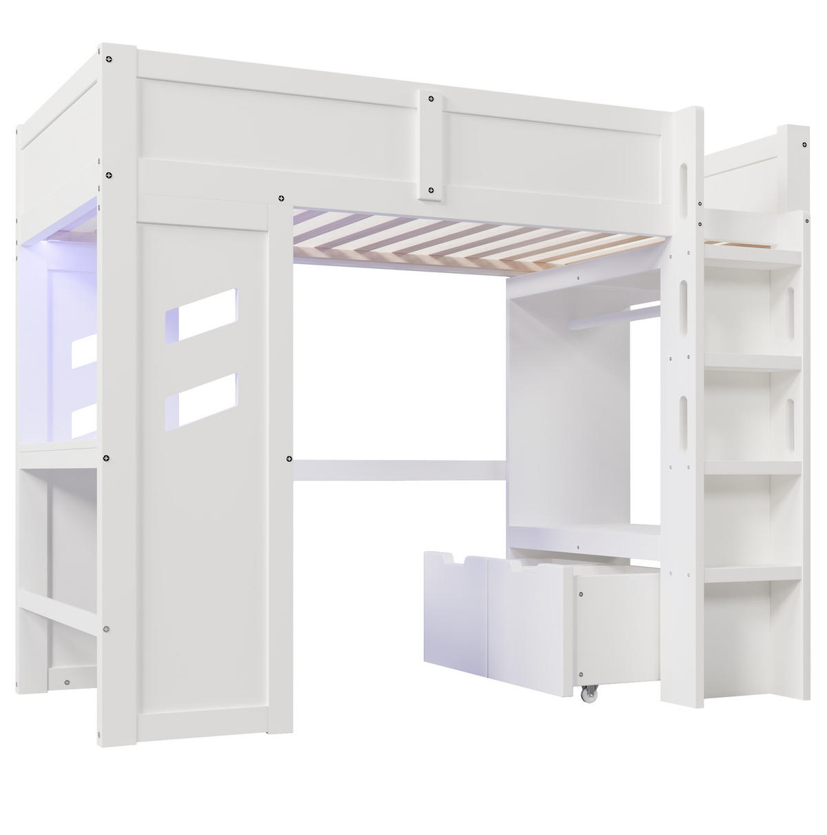 HOCHBETT 90/200 cm Weiß mit Schreibtisch, LED und Stauraum - Weiß, Holz (90/200cm) - MIVRAY