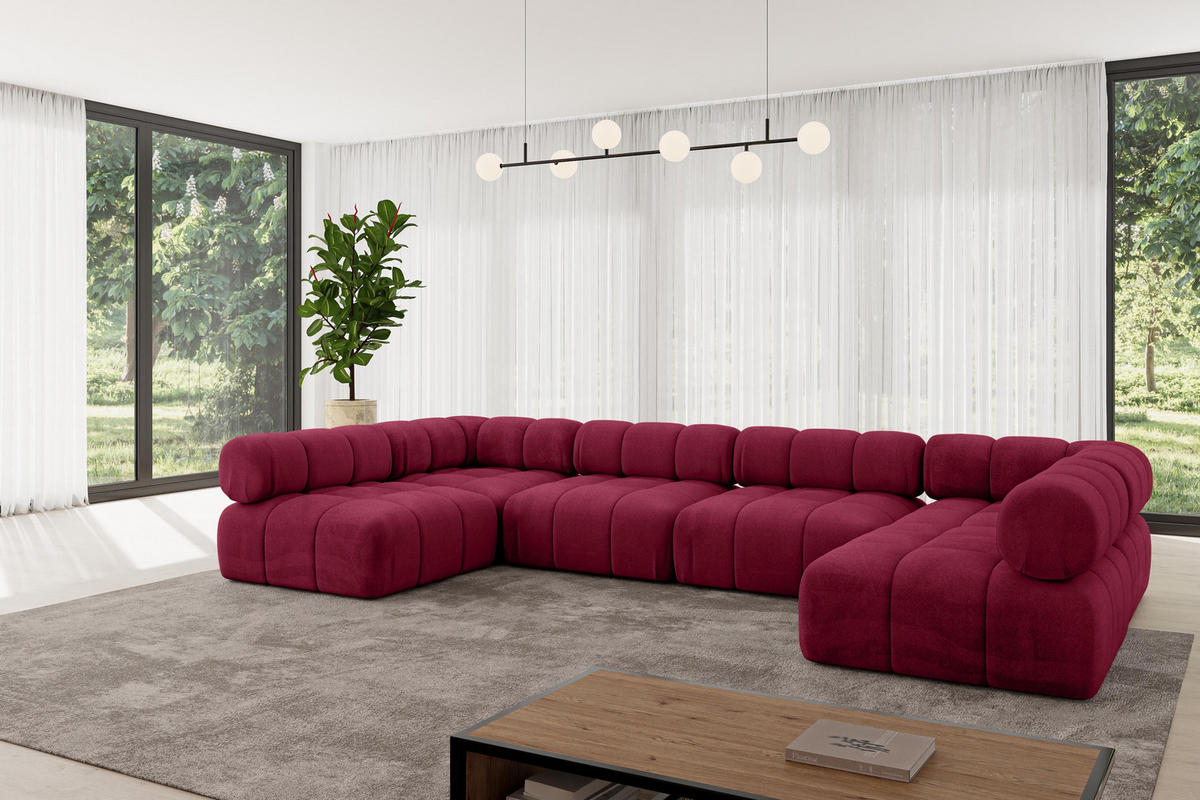WOHNLANDSCHAFT modulares Sofa Garvo-U2 - 380x190x70 cm Bordeauxrot Velours - Bordeaux, Holzwerkstoff/Textil (380/70/190cm) - ALTDECOR
