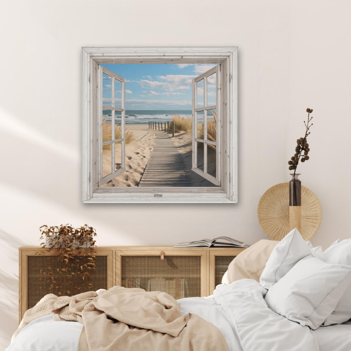 AKUSTIKBILD Fenster - Meer - Küste - Natur - Ausblick - Strand - Wattenmeer Akustikpaneele 80x80 cm - Beige, Kunststoff (80/80/0.9cm) - MuchoWow