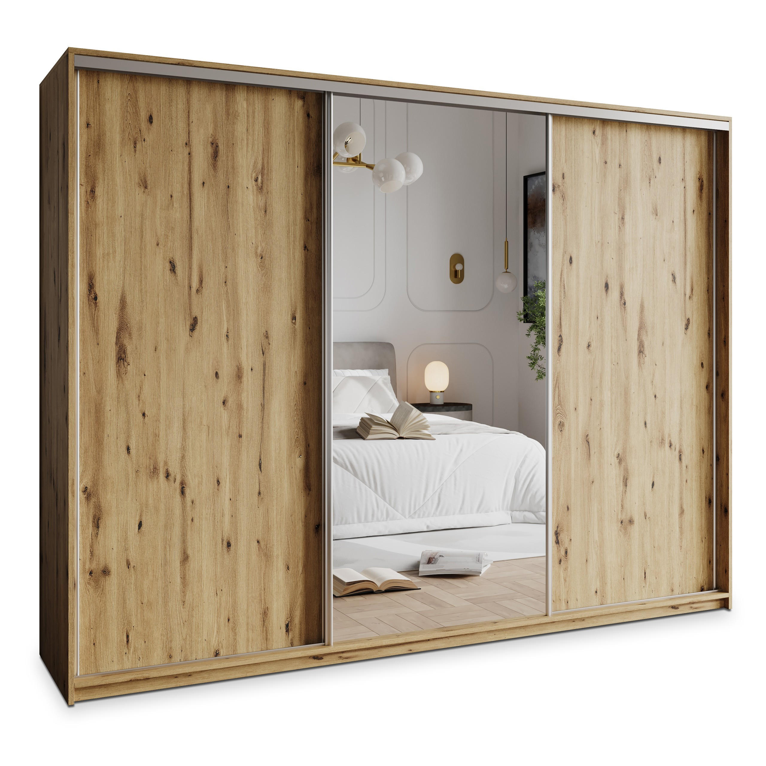 SCHWEBETÜRENSCHRANK TAVI 250/205/60 cm 3-türig mit Spiegel und Schubladen Eiche Artisan - Eiche Artisan/Nickelfarben, Holzwerkstoff (250/205/60cm) - MASSENO