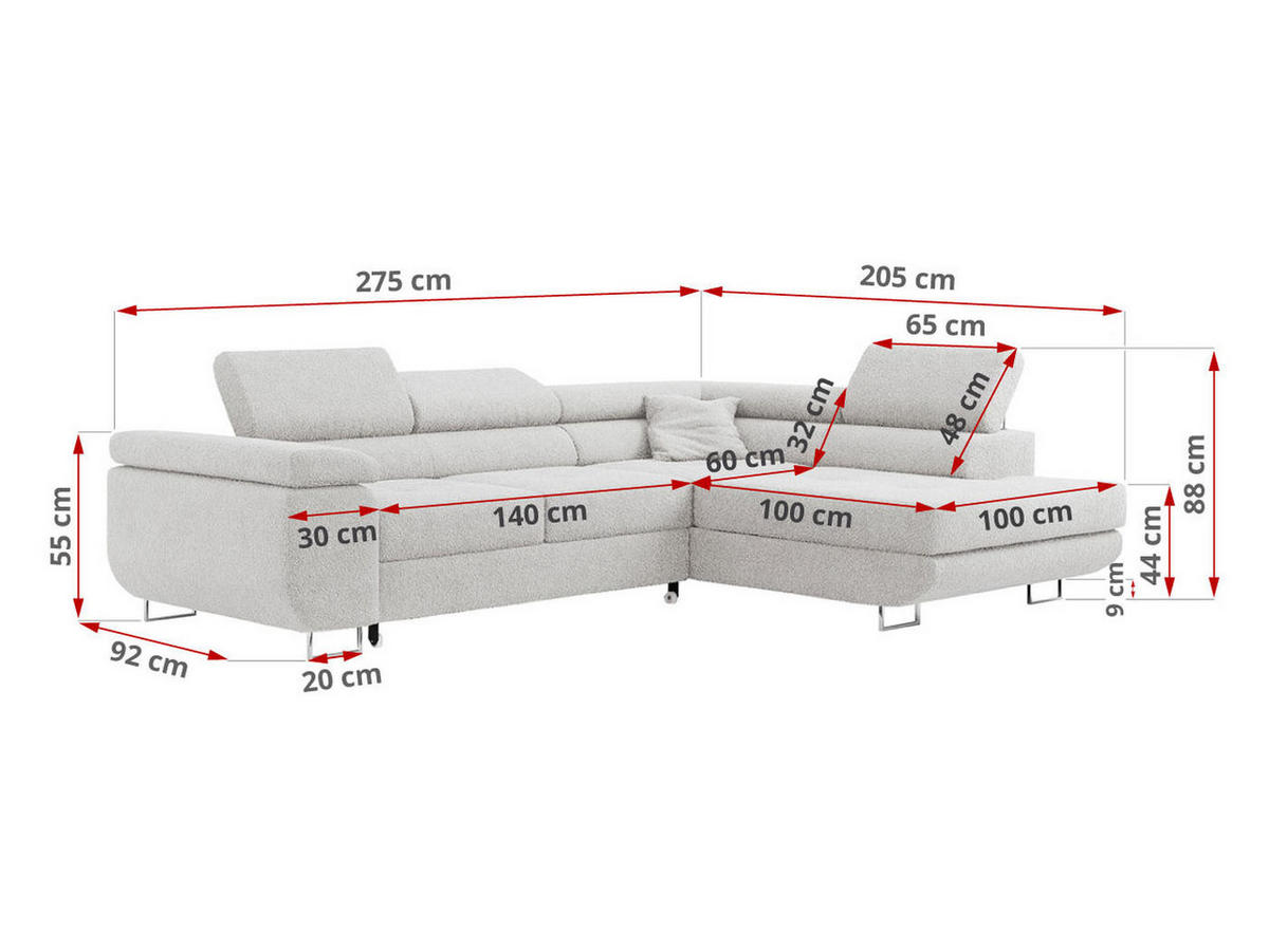 ROHOVÁ SEDAČKA GUSTAW L - Světle šedá Bouclé - Levá Strana - stříbrná/světle šedá, kov/textil (275/205cm) - MKS