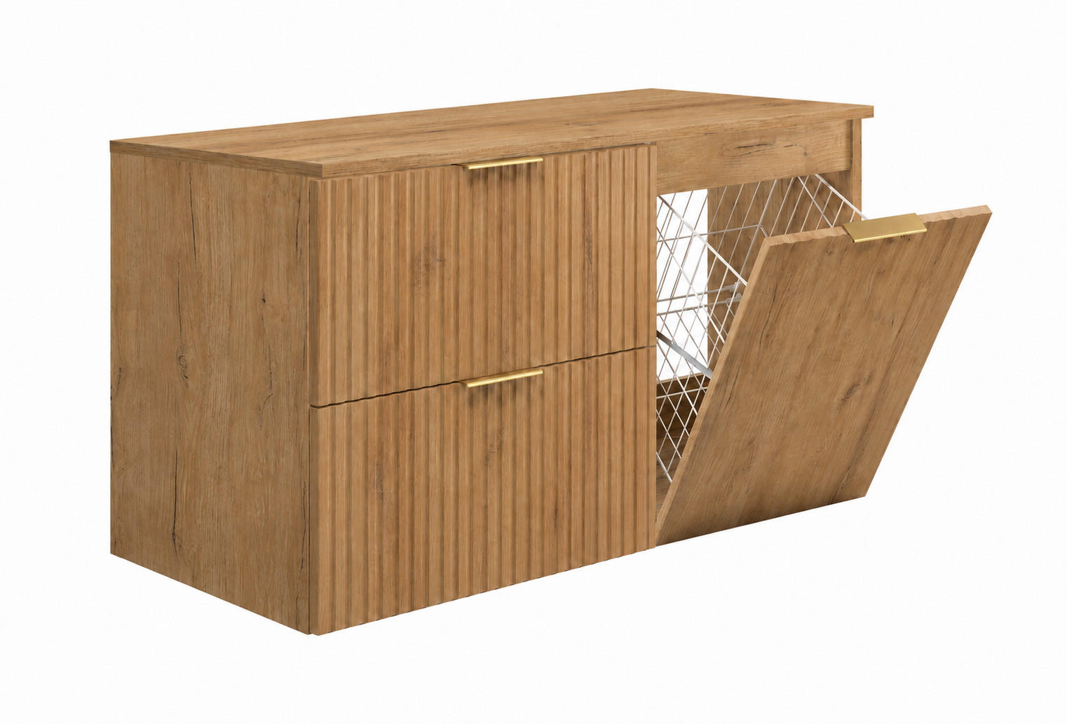 BADMÖBEL-SET MIT WÄSCHEKORB: goldene Griffe, Craft-Eiche, 100 x 46 x 58,6 cm - Eichefarben, Holzwerkstoff (100/58.6/46cm) - 3XE LIVING