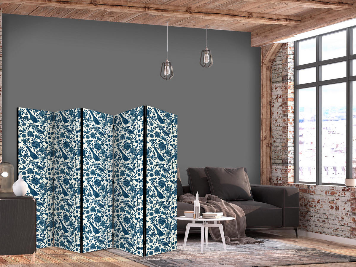 PARAVÁN Obojstranný 5-dielny 225x172 cm Vtáky a Ruže - modrá, drevo/textil (225/172/3cm) - Muralo