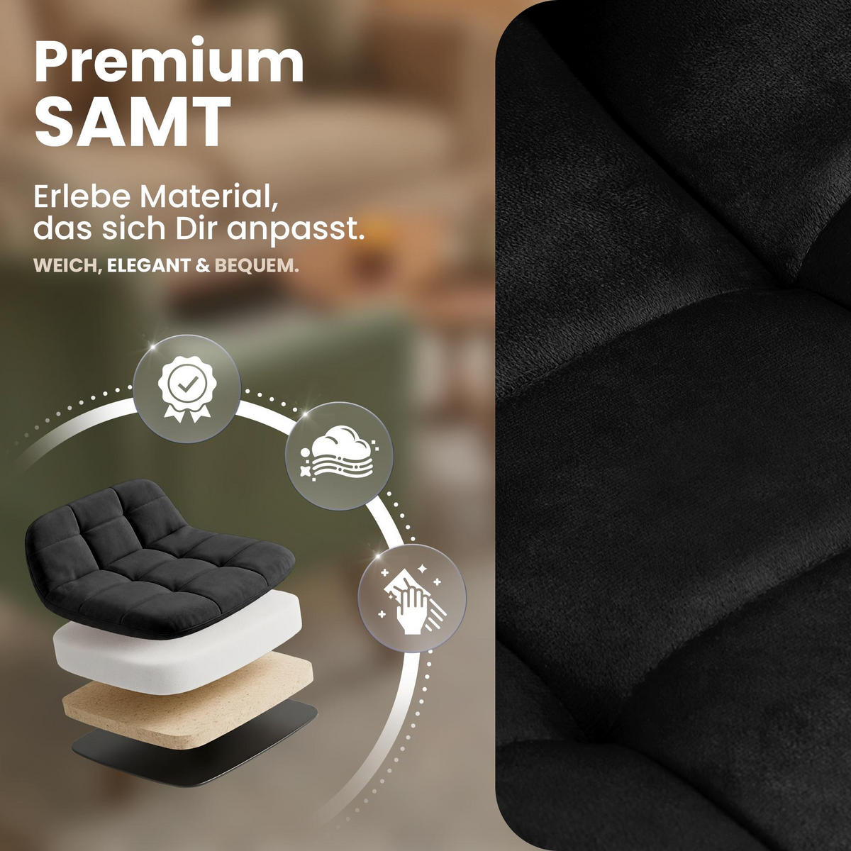 STUHL Samt Schwarz - Schwarz, Textil/Metall (45/84/55cm) - CLP