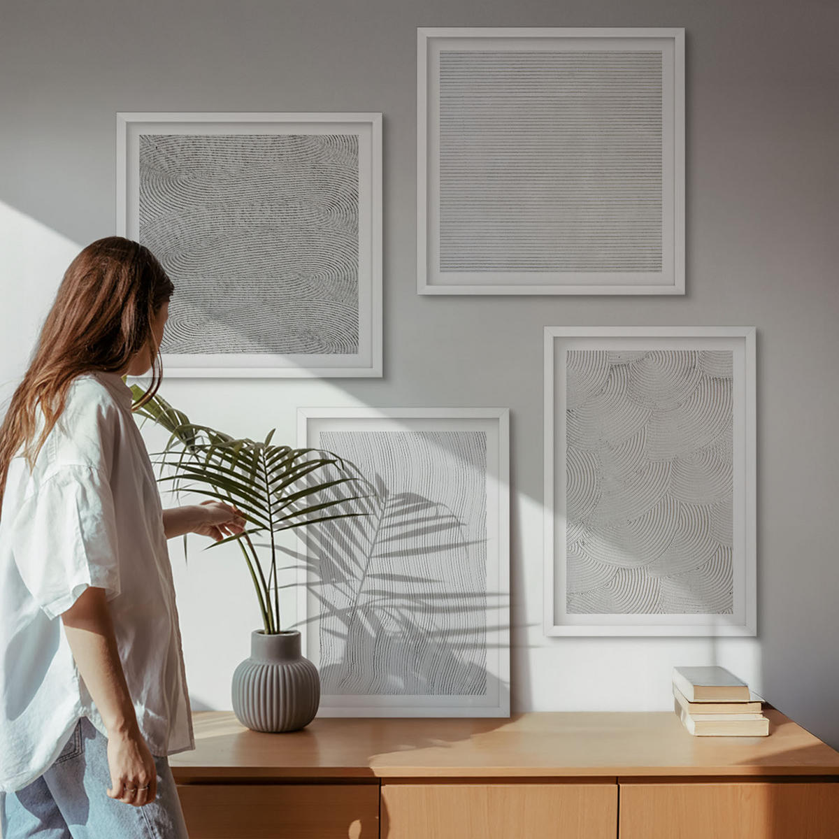 WANDBILDER 4er-Set - 50x50 cm & 40x60 cm Weißer Rahmen - Sandmuster geometrische Strukturen - Weiß, Kunststoff (50/50cm) - ArtPrintCave