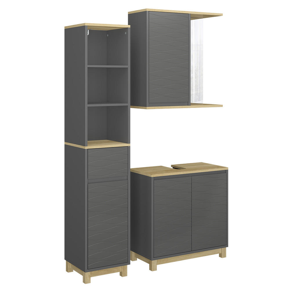 BADRUMSM&Ouml;BELSET Livia Antracit/ek 3 delar, med h&ouml;g enhet Antracit, Ekf&auml;rgad 60/60/30 cm